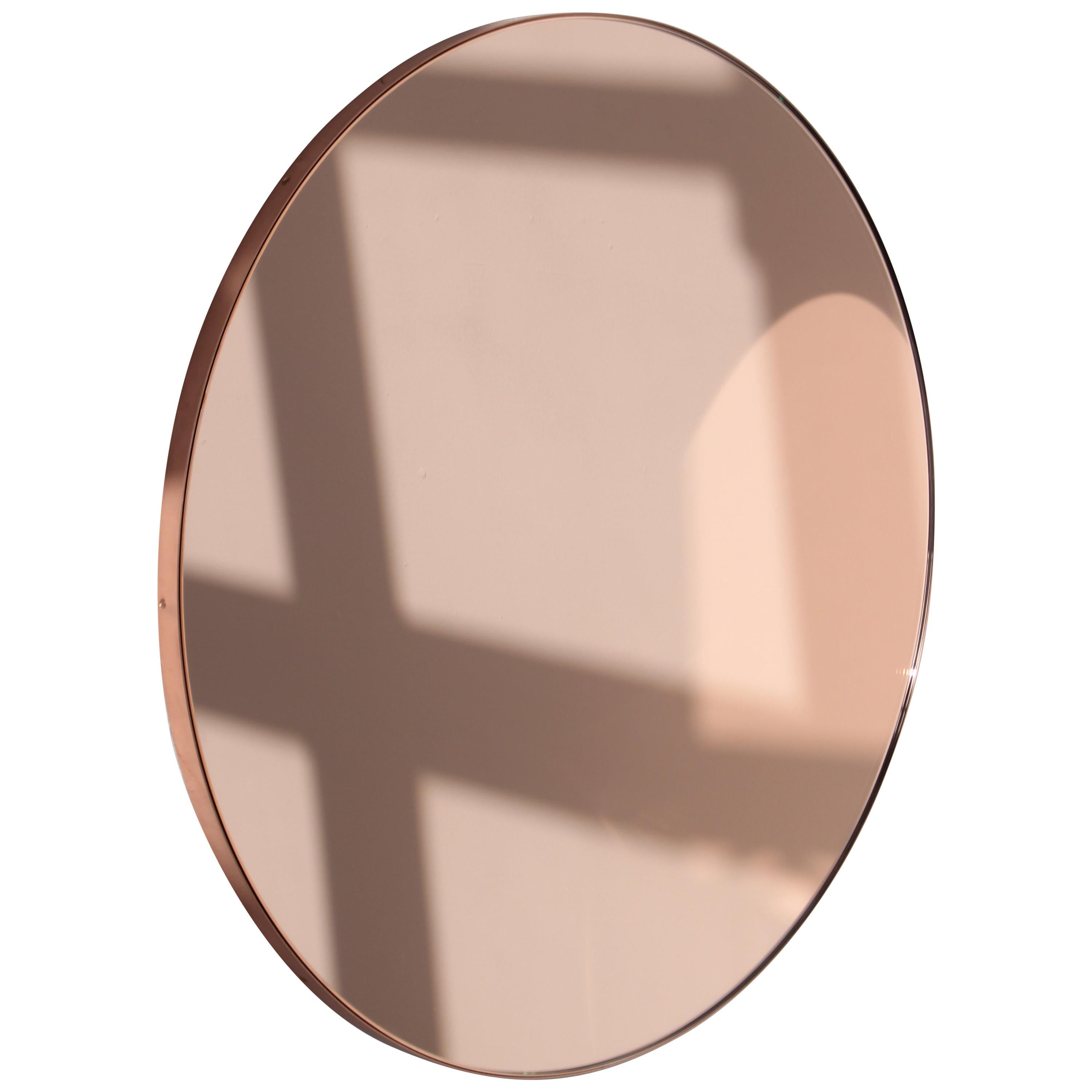 Orbis Rose Gold Tinted Round Contemporary Mirror with Copper Frame, Large For Sale