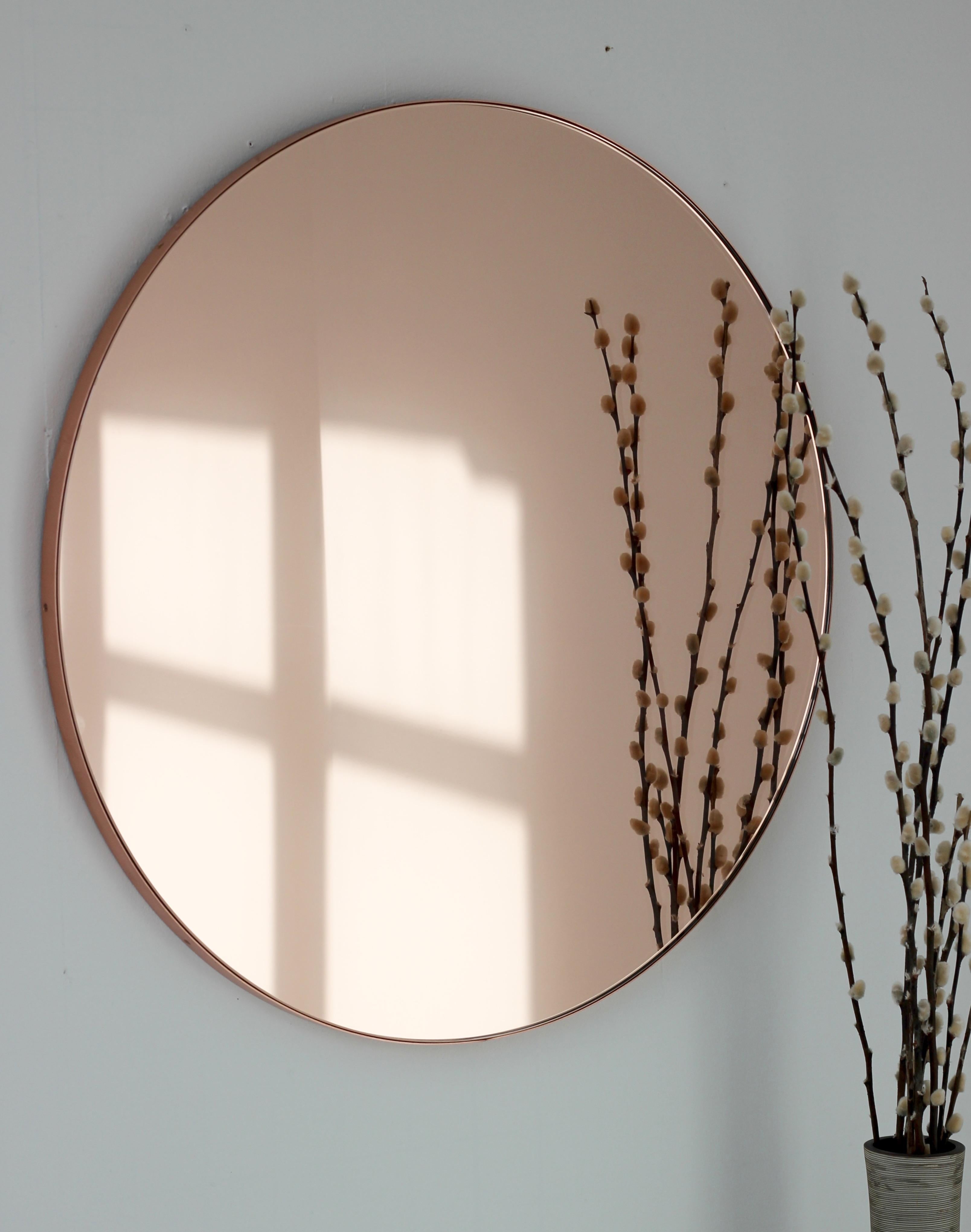 British Orbis Rose Gold Tinted Round Minimalist Mirror with Copper Frame, Small For Sale