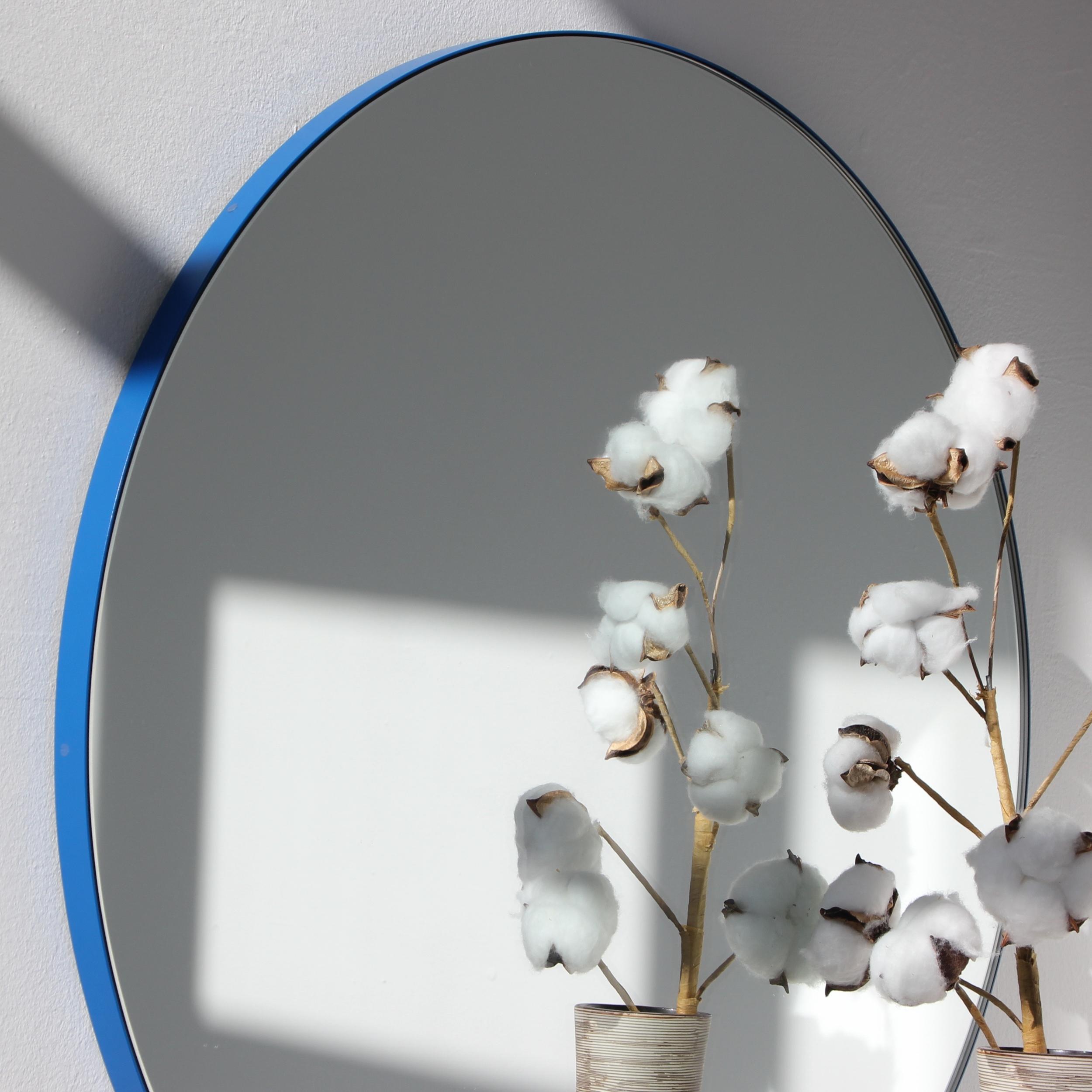 Powder-Coated Orbis Round Contemporary Mirror with Blue Frame, Regular For Sale