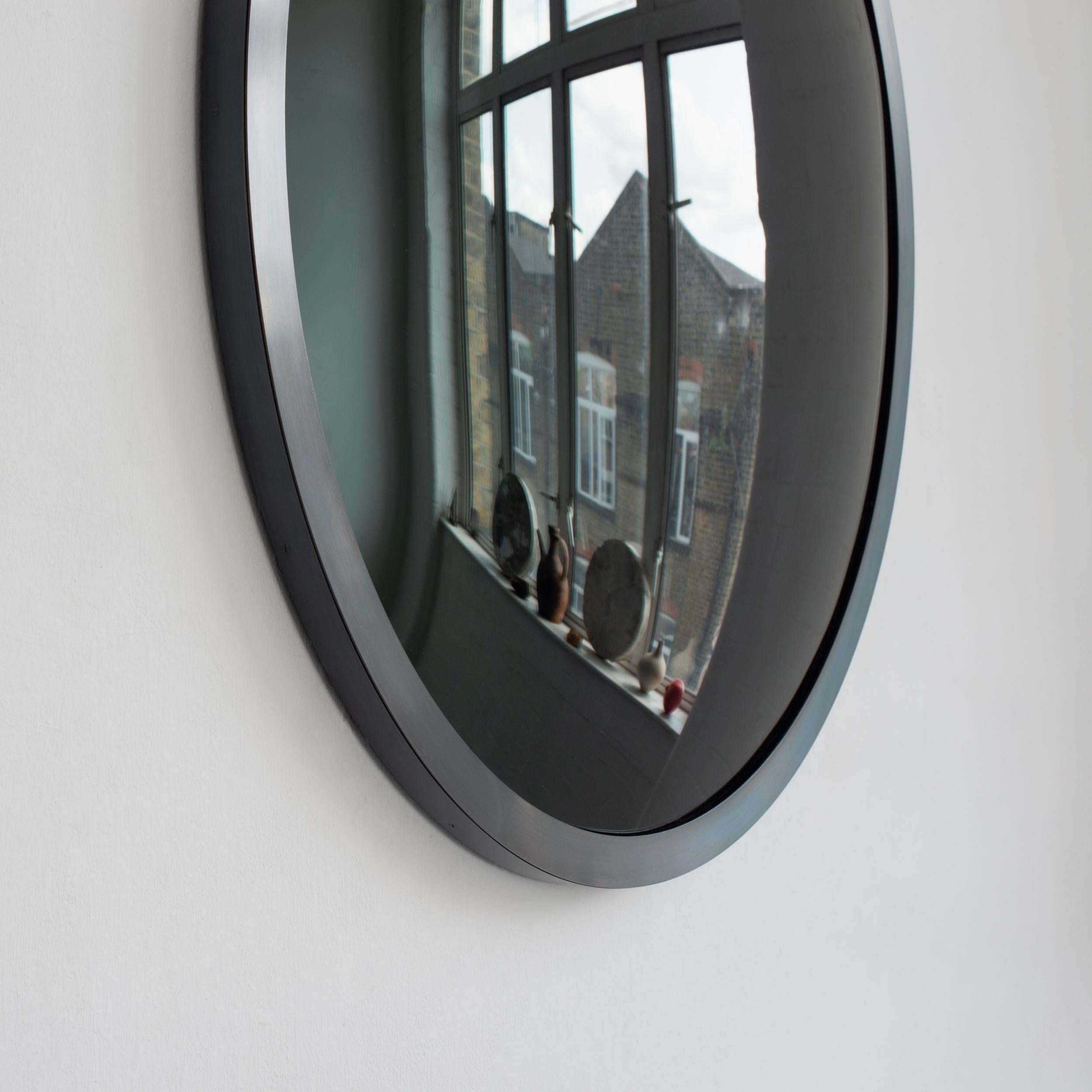 Contemporary Orbis Round Black Tinted Convex Decorative Mirror, Blackened Metal Frame, Large For Sale