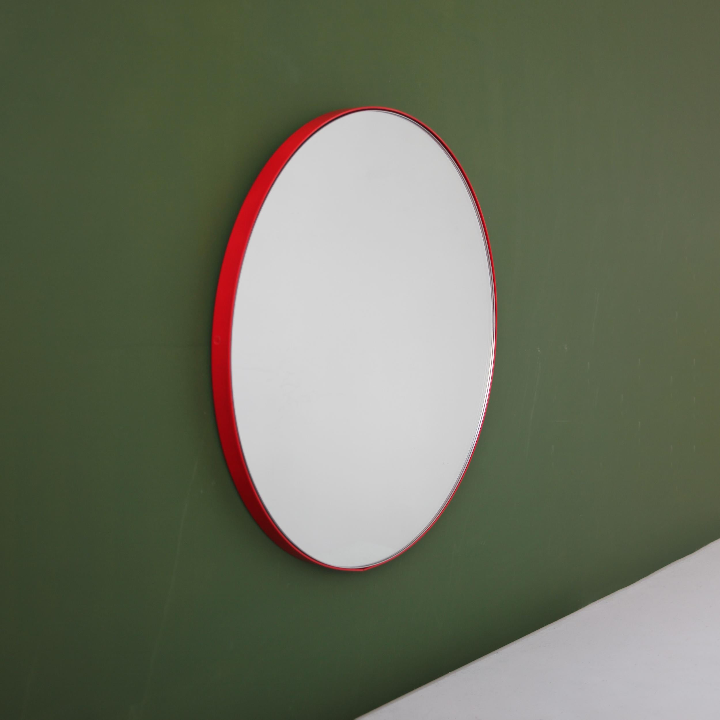 Powder-Coated Orbis Round Contemporary Handcrafted Mirror with Red Frame, Large For Sale