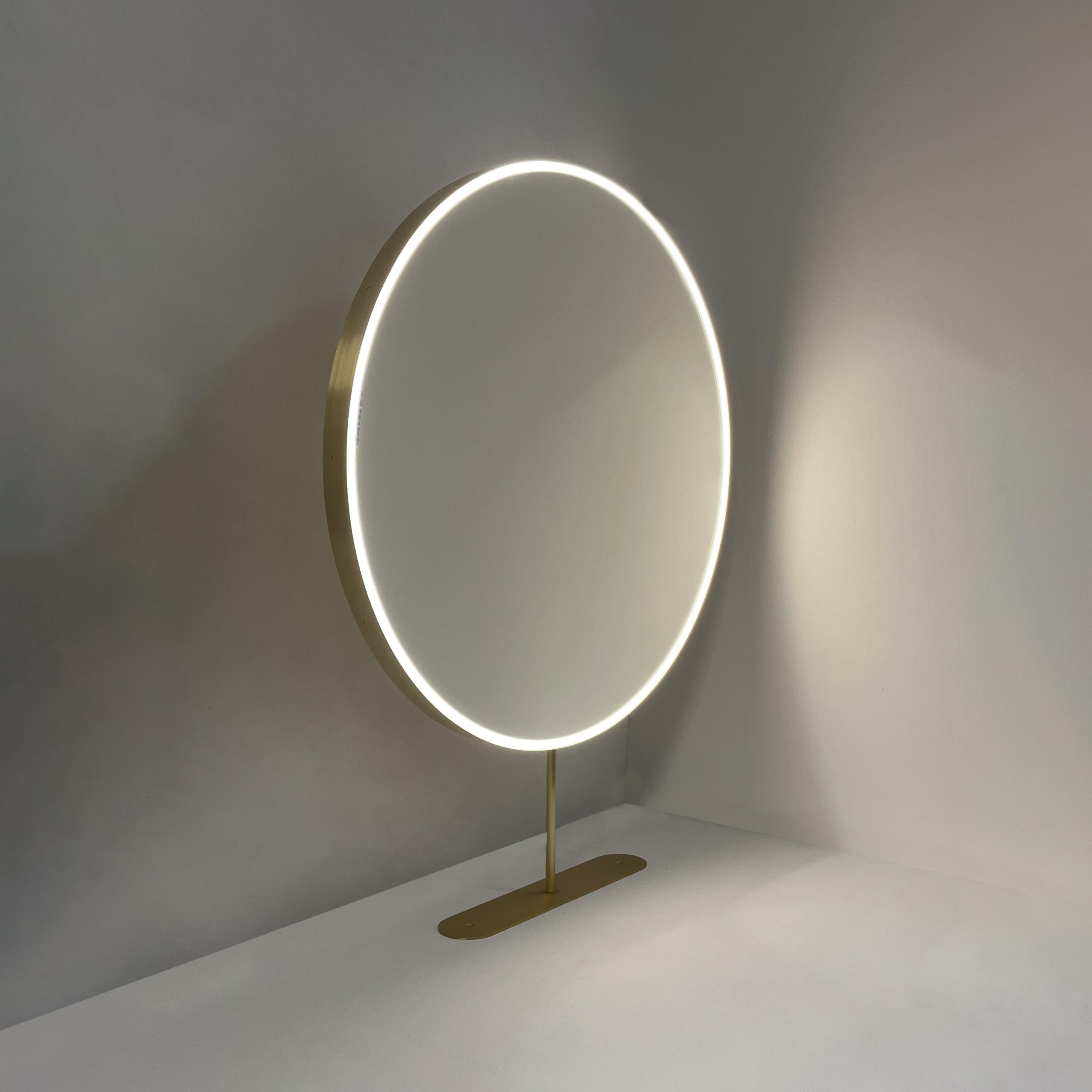Contemporary Orbis Round Countertop Illuminated Bathroom Mirror with Modern Brass Frame For Sale