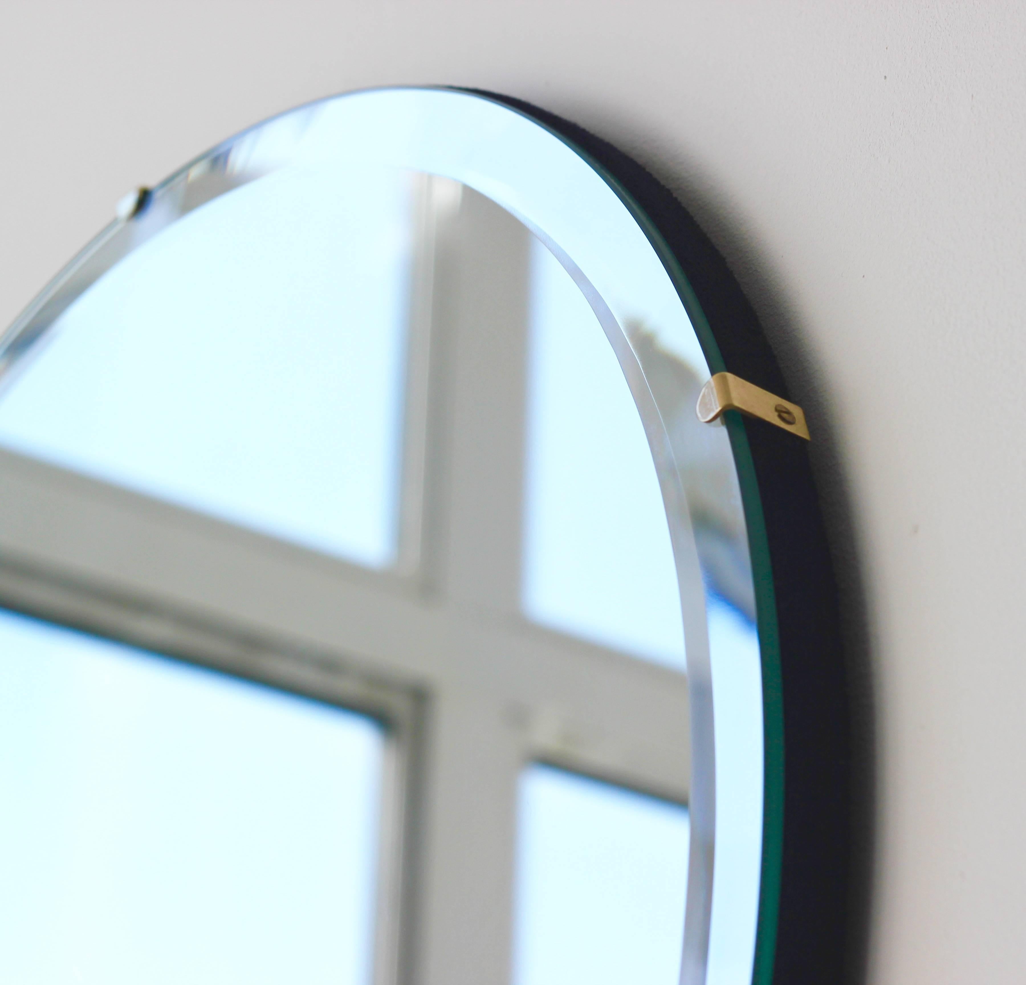 Contemporary Orbis Round Frameless Bevelled Mirror with Brass Clips, Regular For Sale