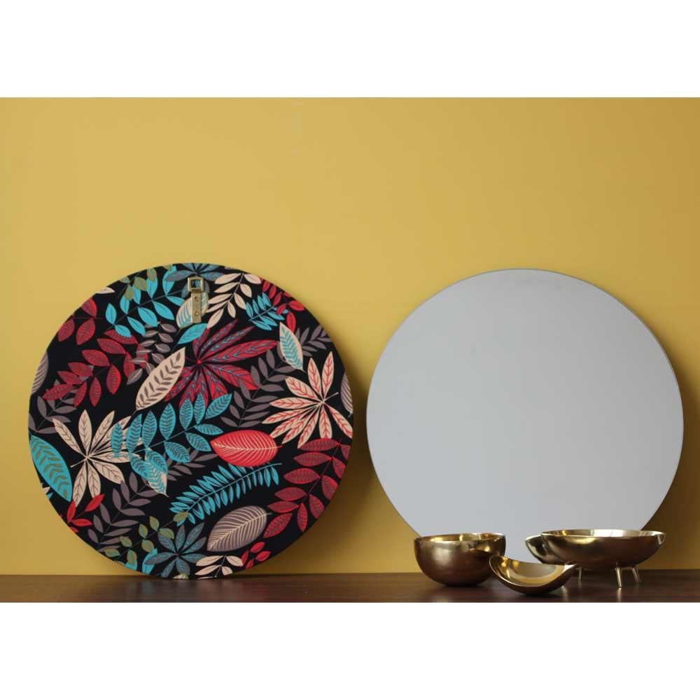 Modern Orbis Round Mirror with Contemporary Hand-Printed Floral Fabric, Large For Sale