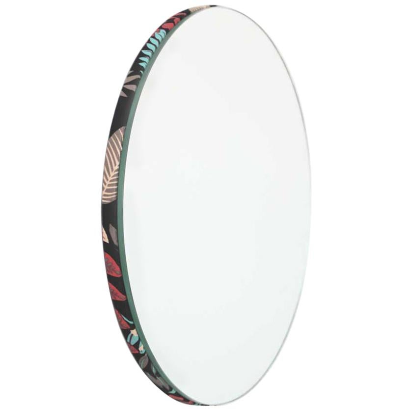 Orbis Round Mirror with Contemporary Hand-Printed Floral Fabric, Large For Sale