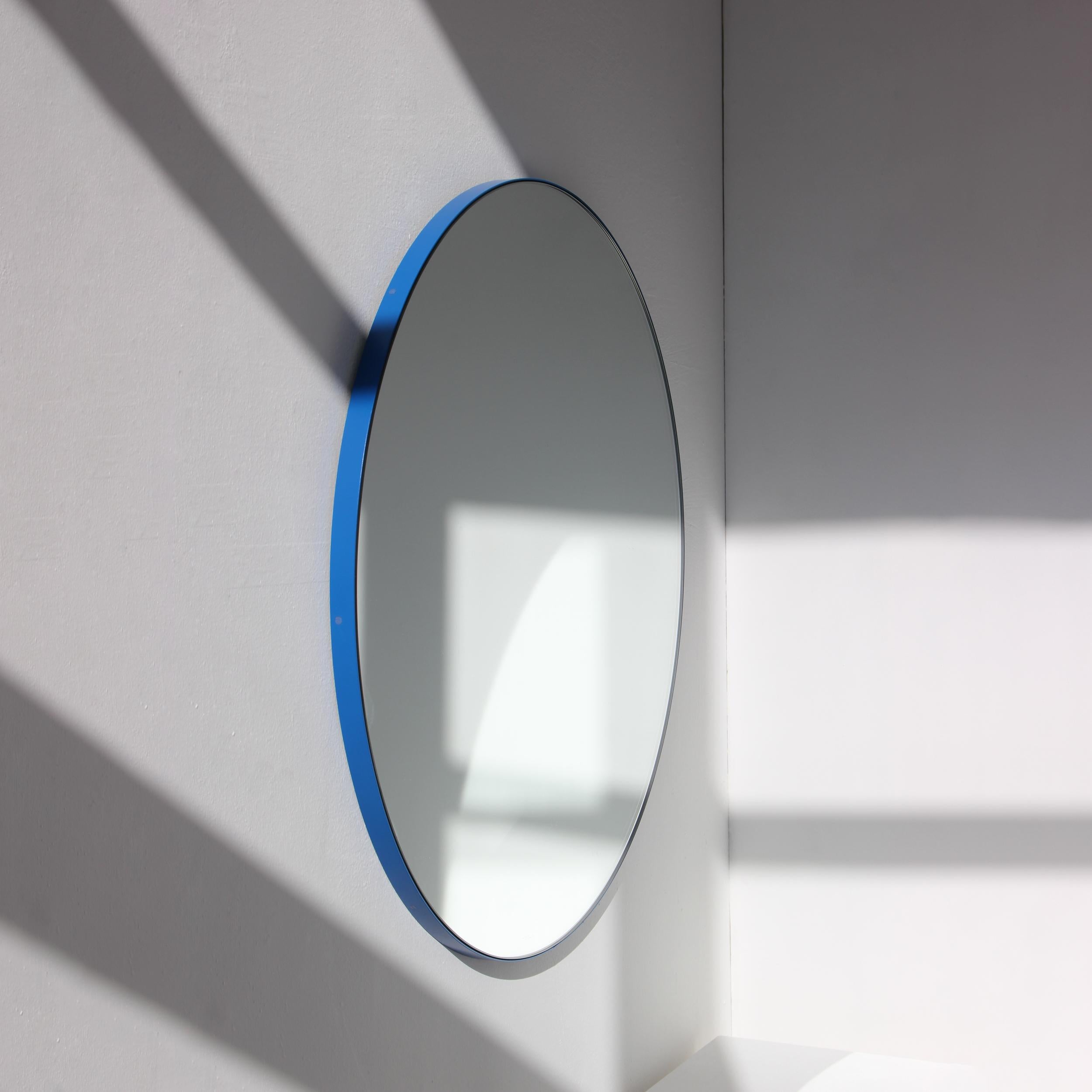 Organic Modern Orbis Round Modern Contemporary Mirror with Blue Frame, Small For Sale