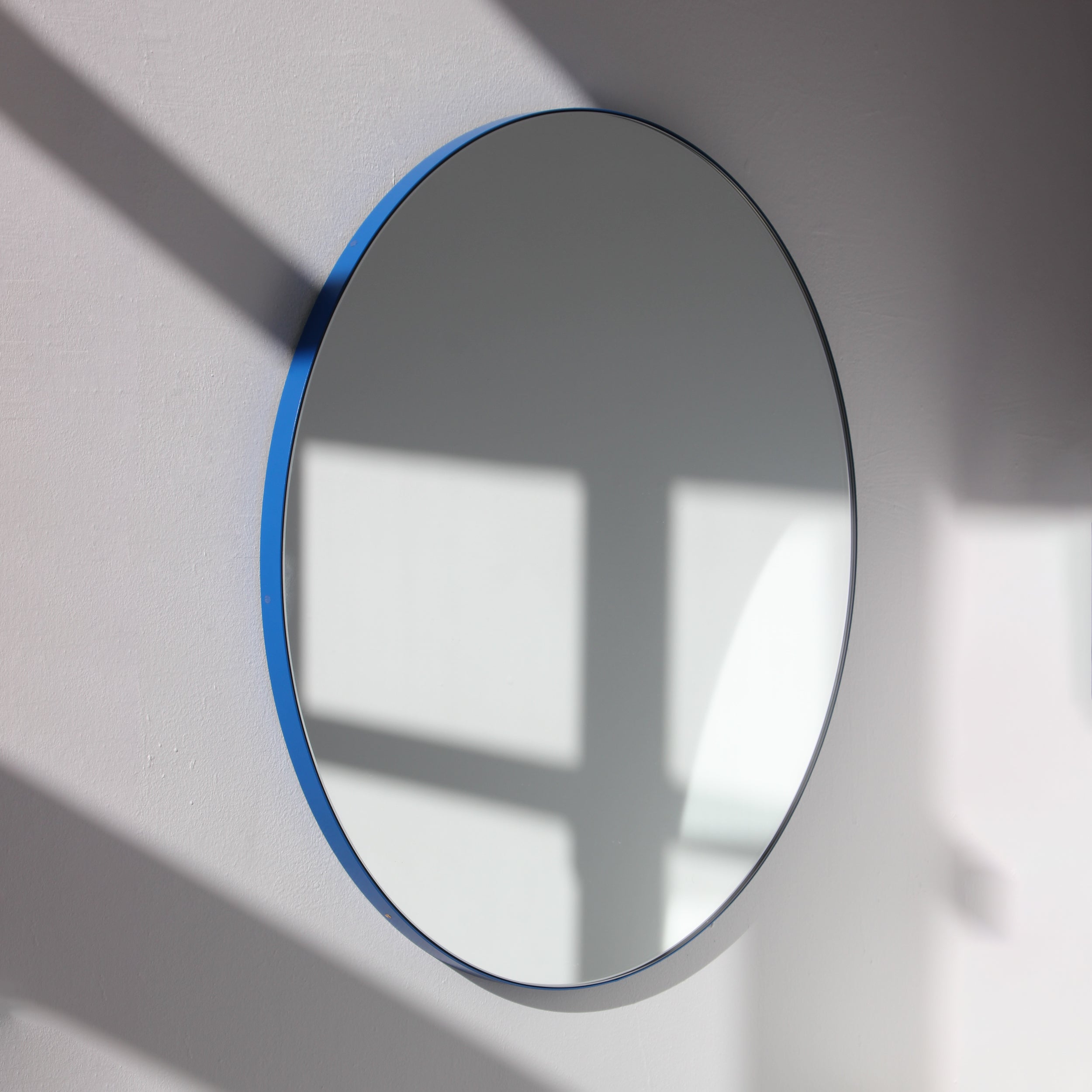 Orbis Round Modern Contemporary Mirror with Blue Frame, Small For Sale