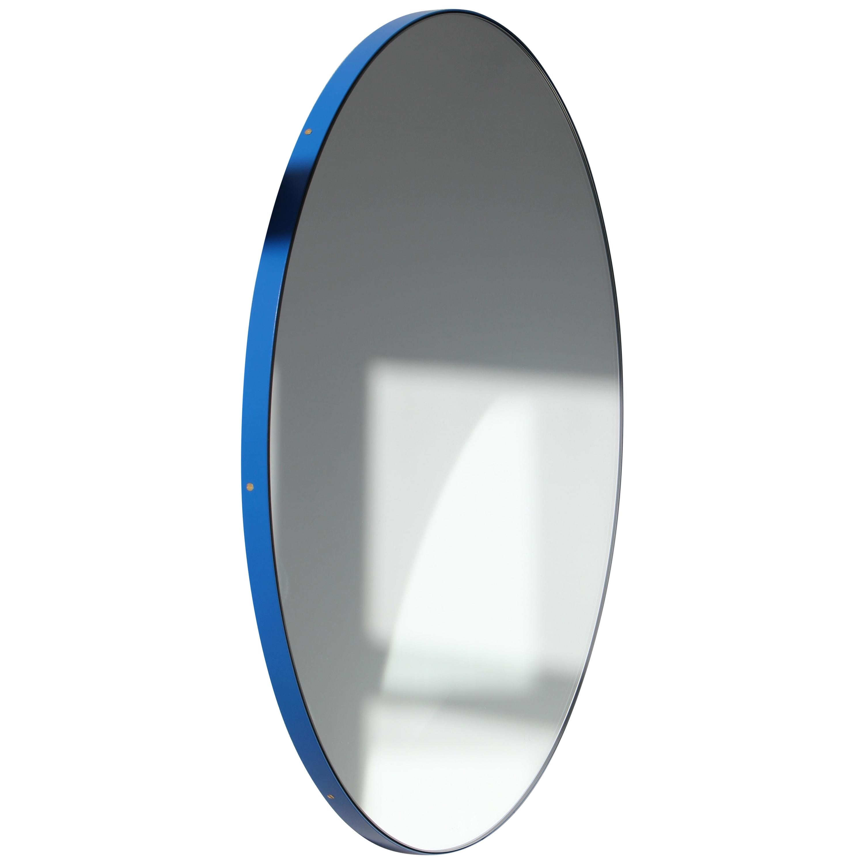 Orbis Round Modern Mirror with Blue Frame, Large For Sale
