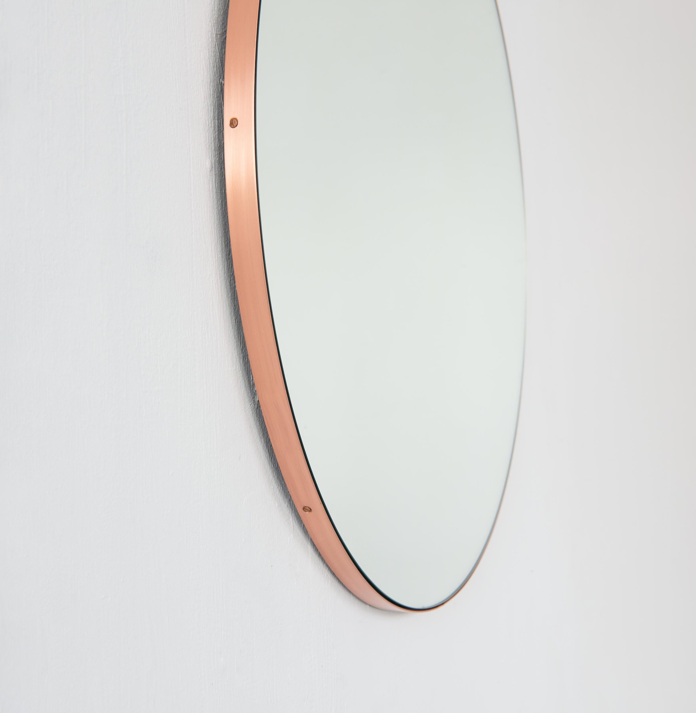 Brushed Orbis Round Modern Minimalist Handcrafted Mirror with Copper Frame, Large For Sale
