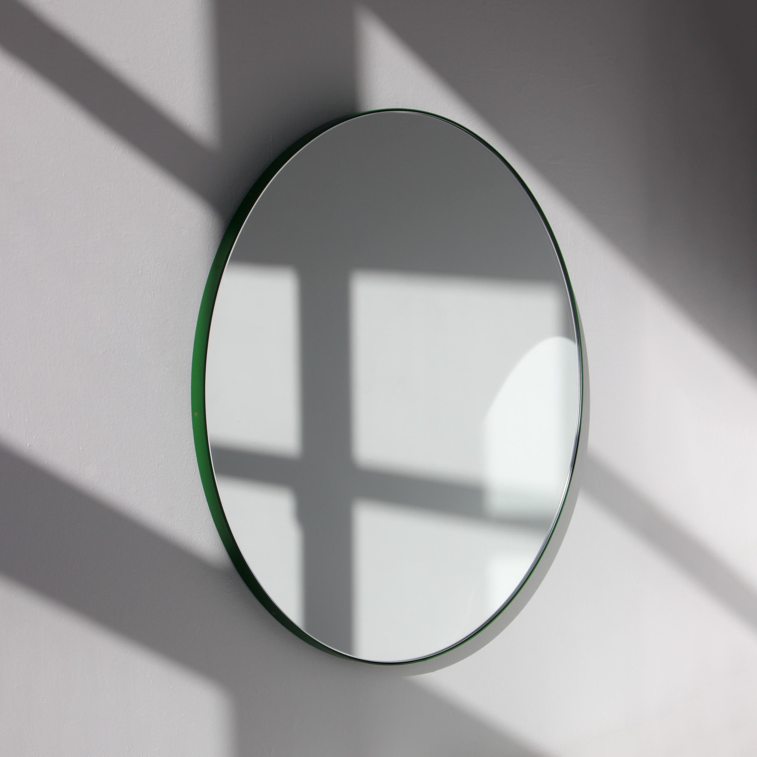 Powder-Coated Orbis Round Modern Modern Mirror with Green Frame, Regular For Sale