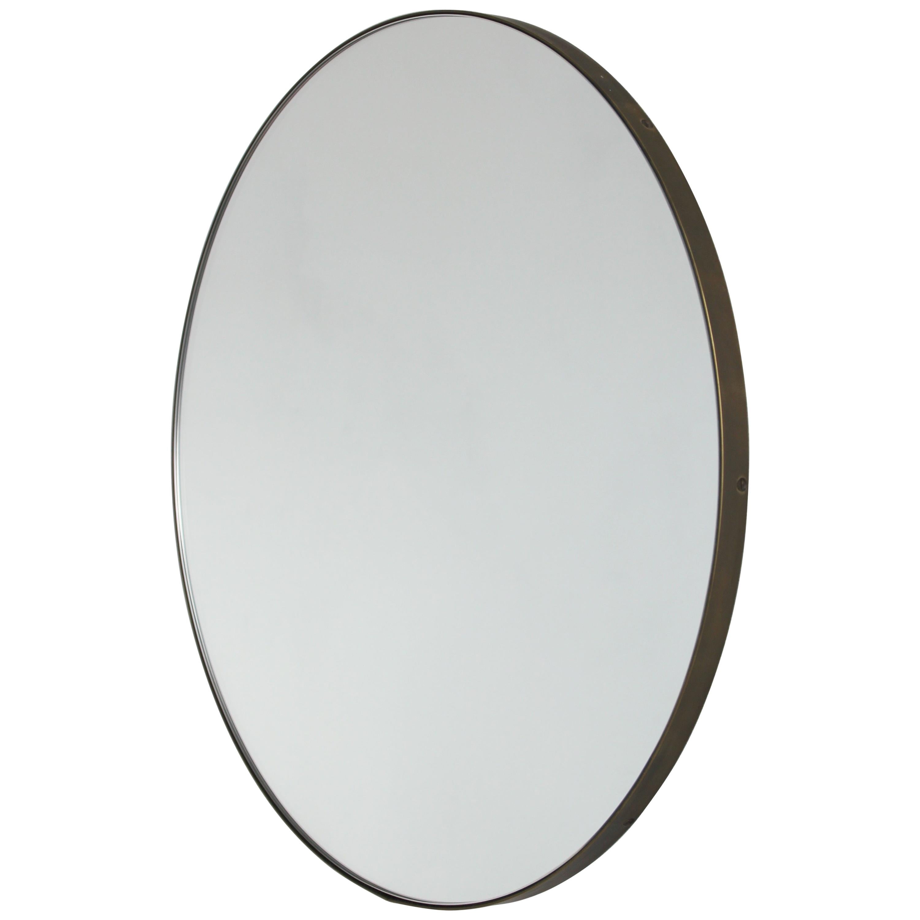 Orbis Round Modern Mirror with Bronze Patina Brass Frame, Medium For Sale