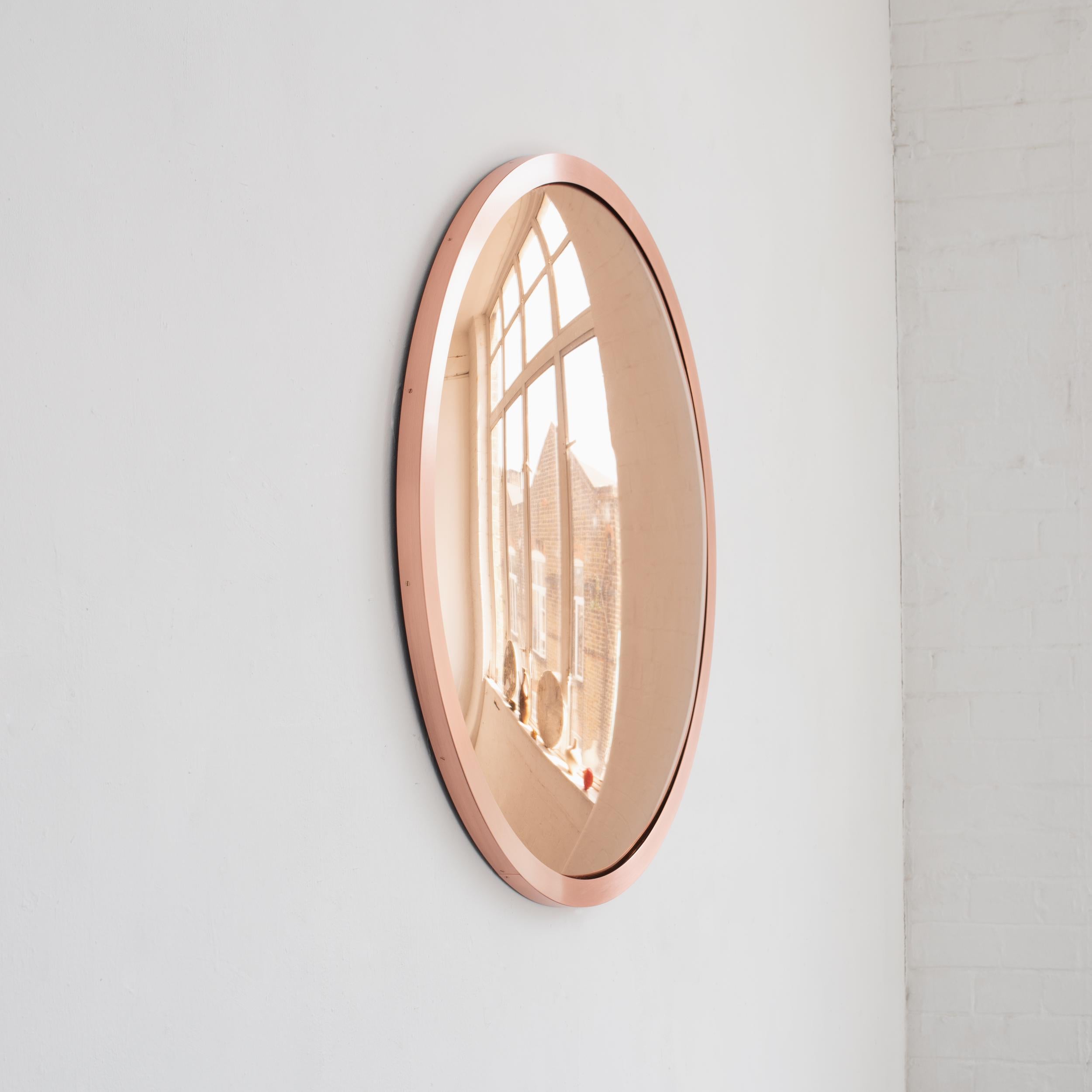 Organic Modern In Stock Orbis Round Rose Gold Tinted Deco Convex Mirror, Copper Frame For Sale