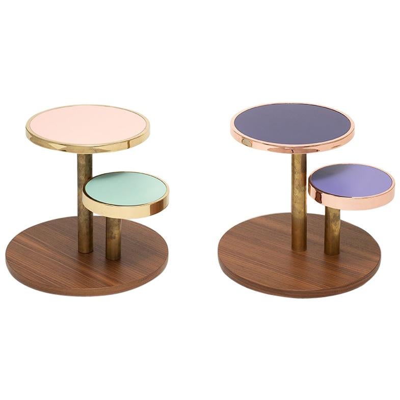 OrBis, Side Table with Colored Round Tops and Brass or Copper Rings For Sale