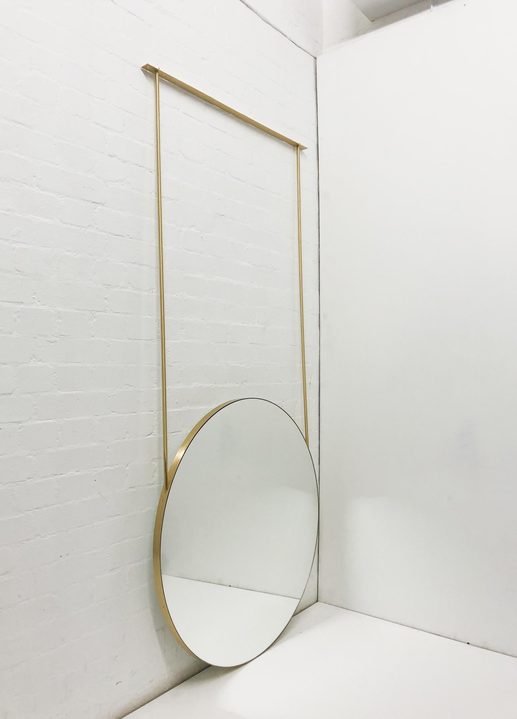 Orbis Suspended Double Sided Round Mirror with Brushed Brass Frame and Two Arms In New Condition For Sale In London, GB