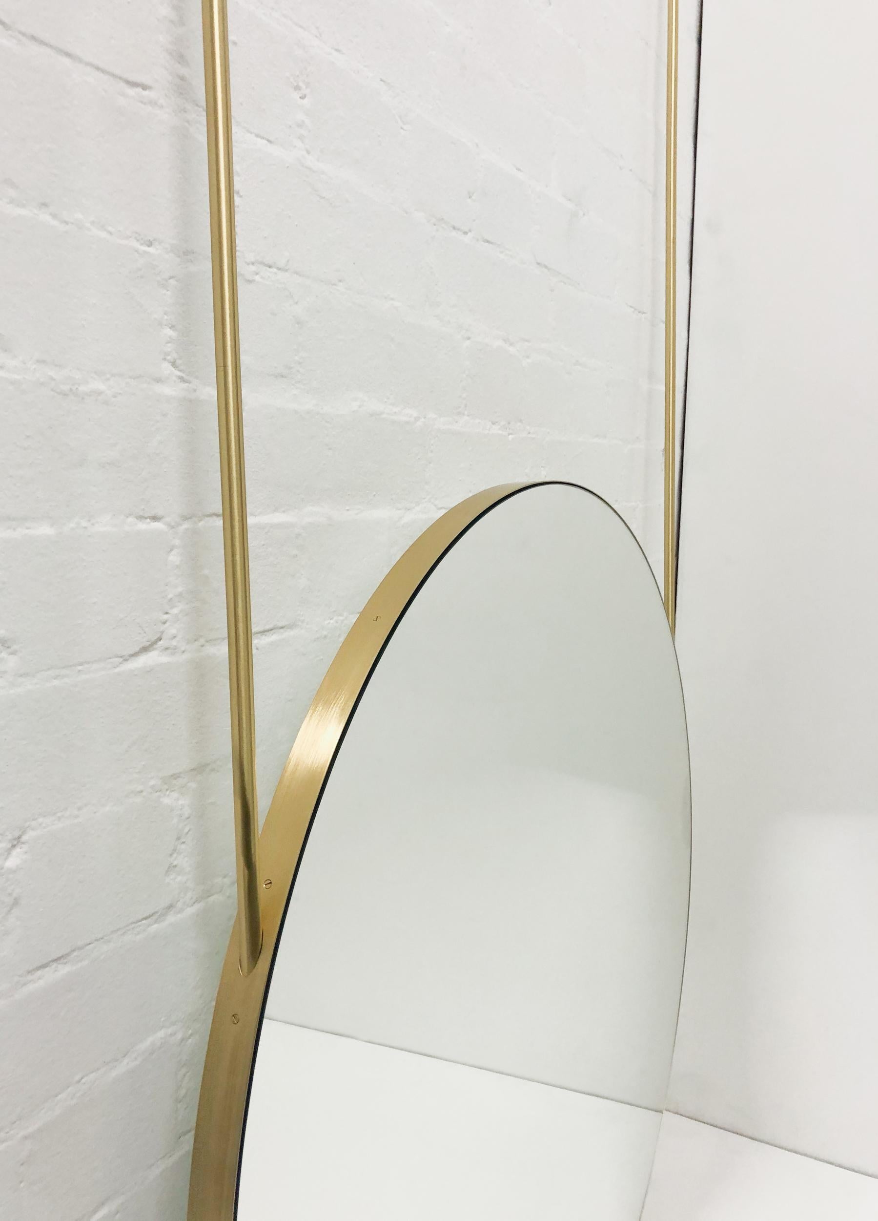 Orbis Suspended Double Sided Round Mirror with Brushed Brass Frame and Two Arms For Sale 2