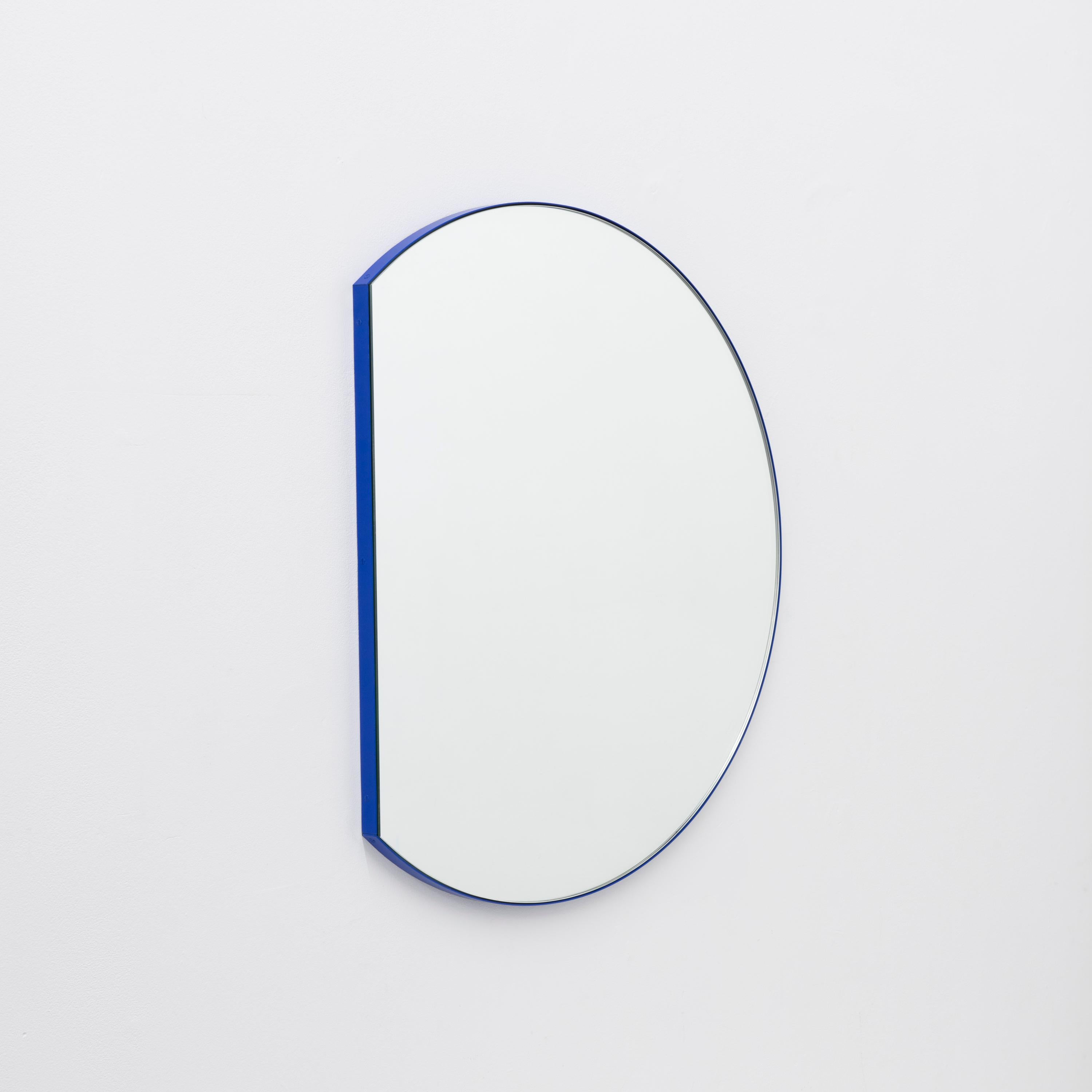 Organic Modern Orbis Trecus Cropped Circular Modern Mirror with Blue Frame, Small For Sale