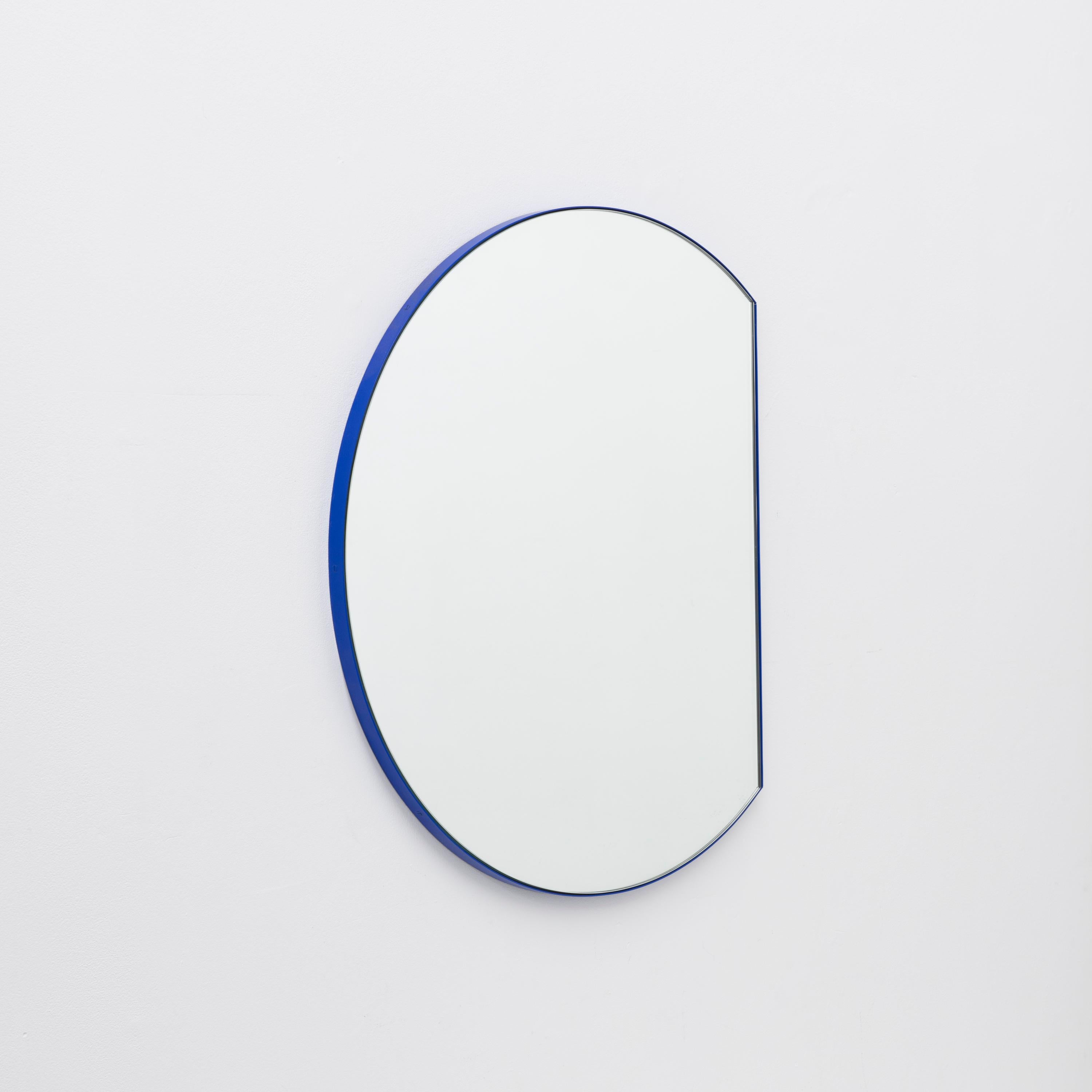 British Orbis Trecus Cropped Circular Modern Mirror with Blue Frame, Small For Sale