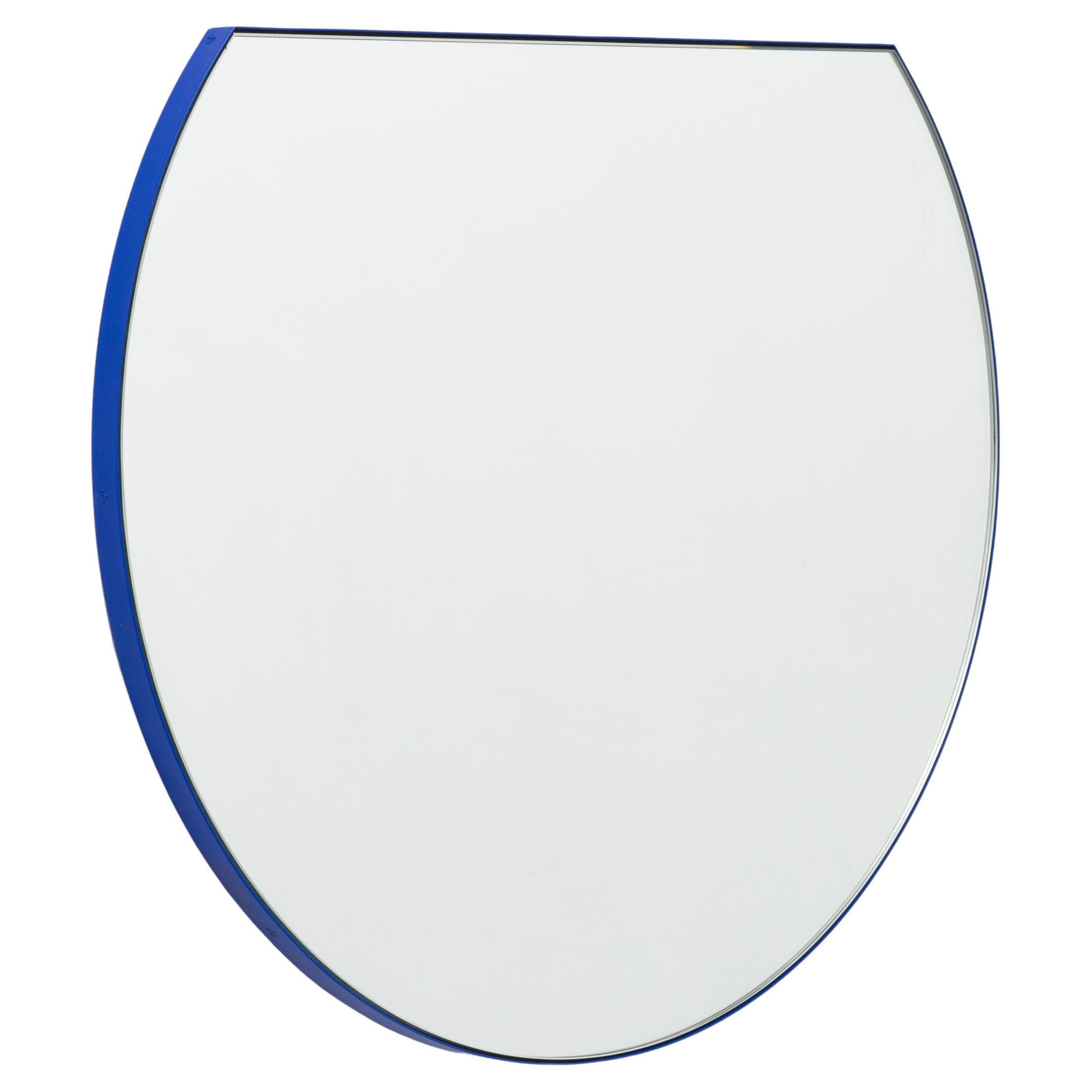 Orbis Trecus Cropped Circular Modern Mirror with Blue Frame, Customisable, Small
