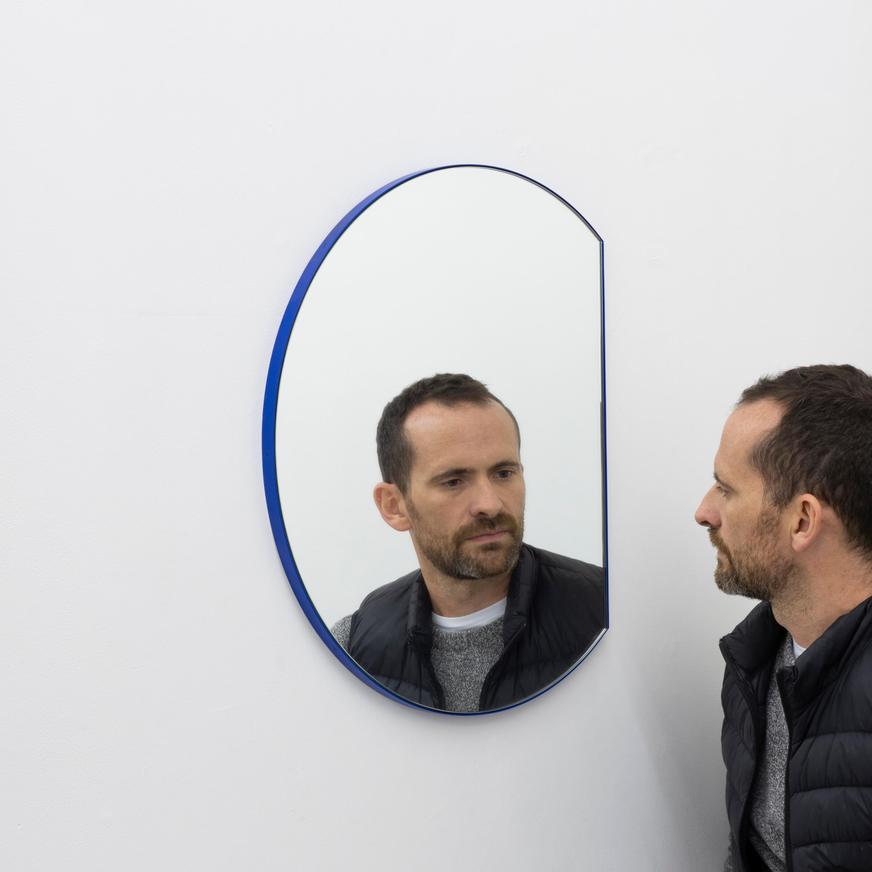 British In Stock Orbis Trecus Cropped Round Modern Mirror, Blue Frame, Medium For Sale