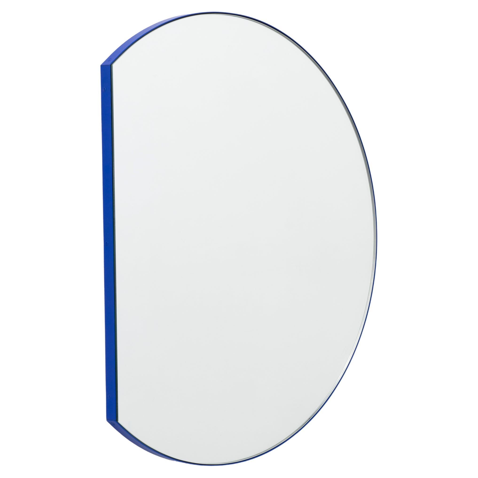 In Stock Orbis Trecus Cropped Round Modern Mirror, Blue Frame, Medium For Sale