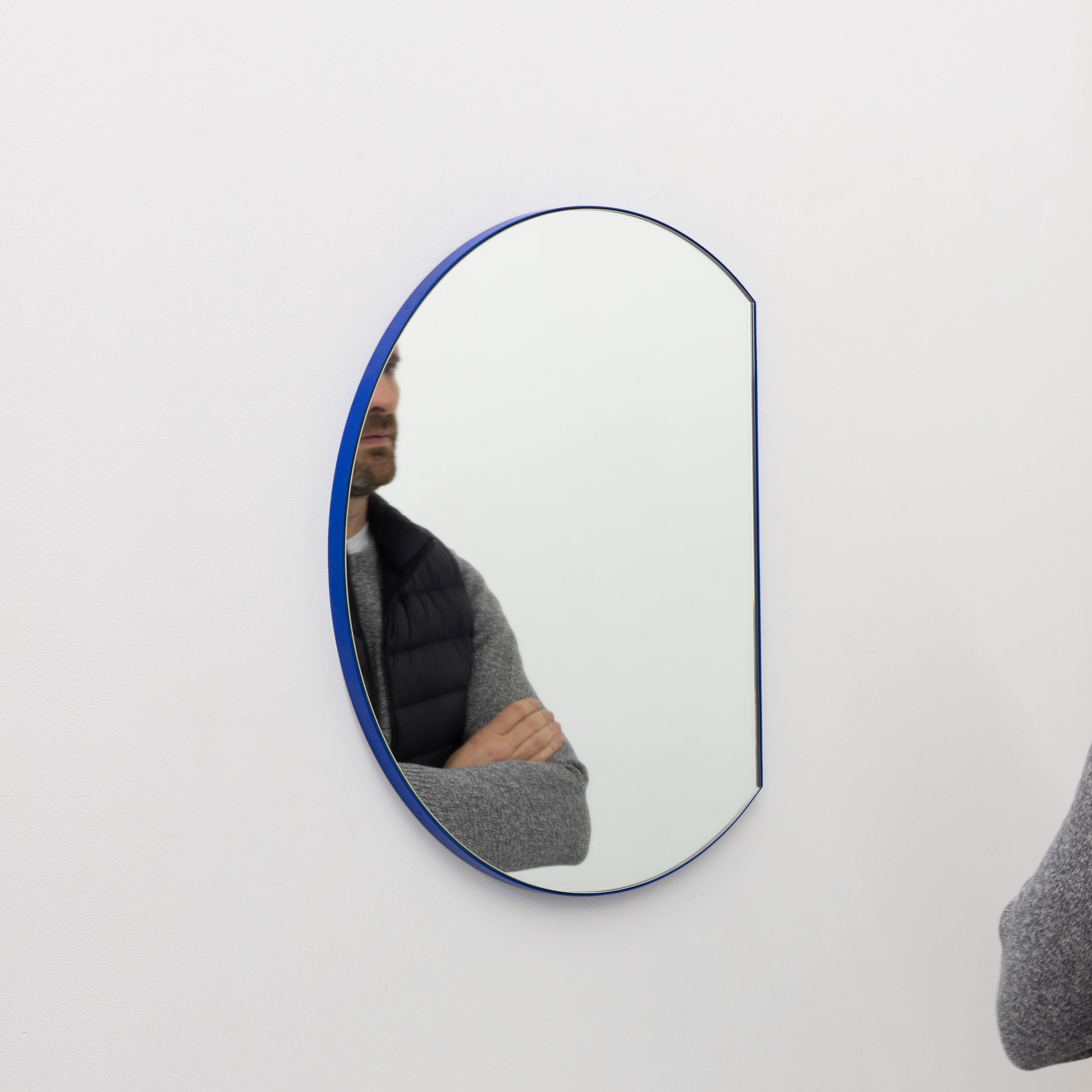 Contemporary Orbis Trecus Cropped Round Modern Mirror with Blue Frame, Medium For Sale