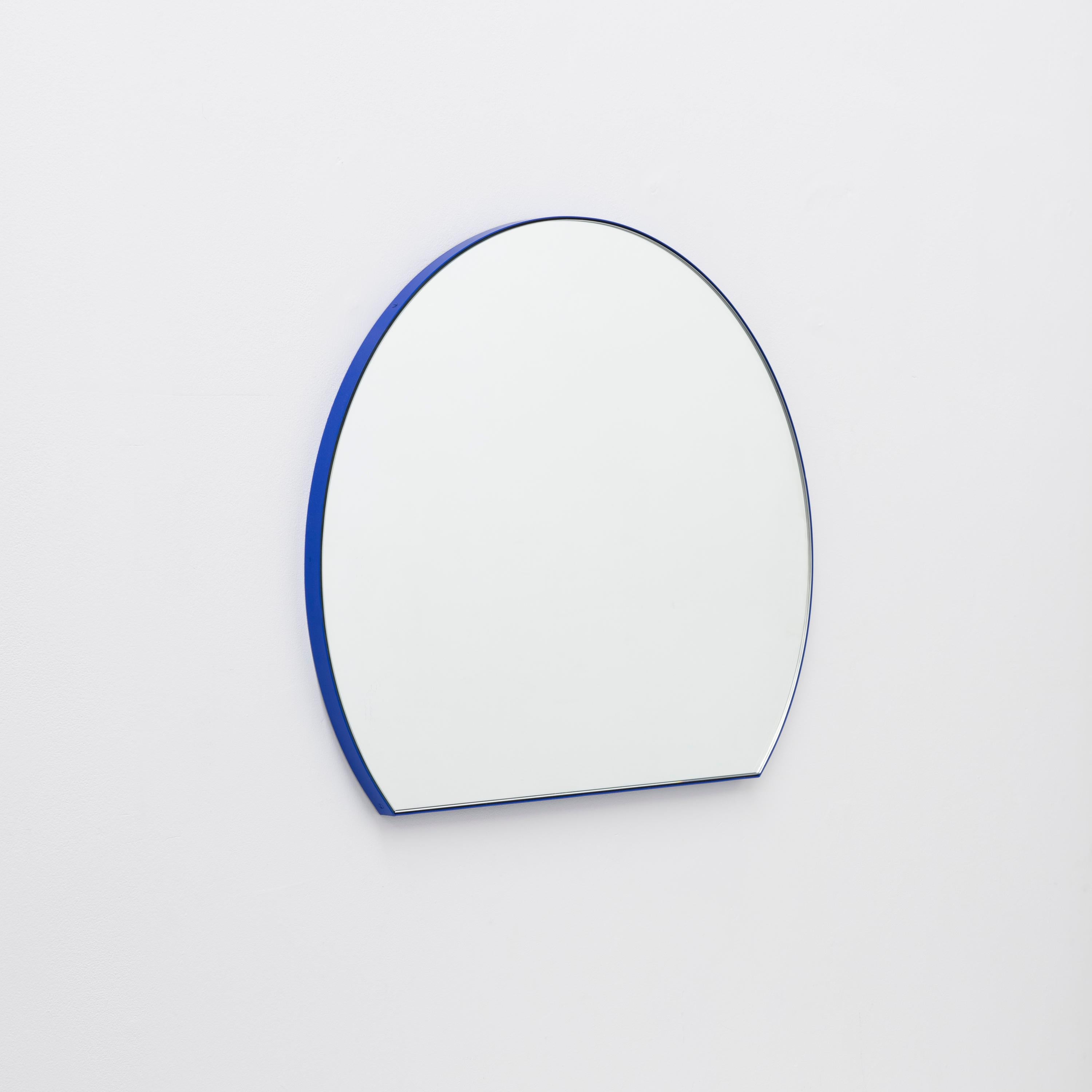 Powder-Coated Orbis Trecus Cropped Round Modern Mirror with Blue Frame, Large For Sale