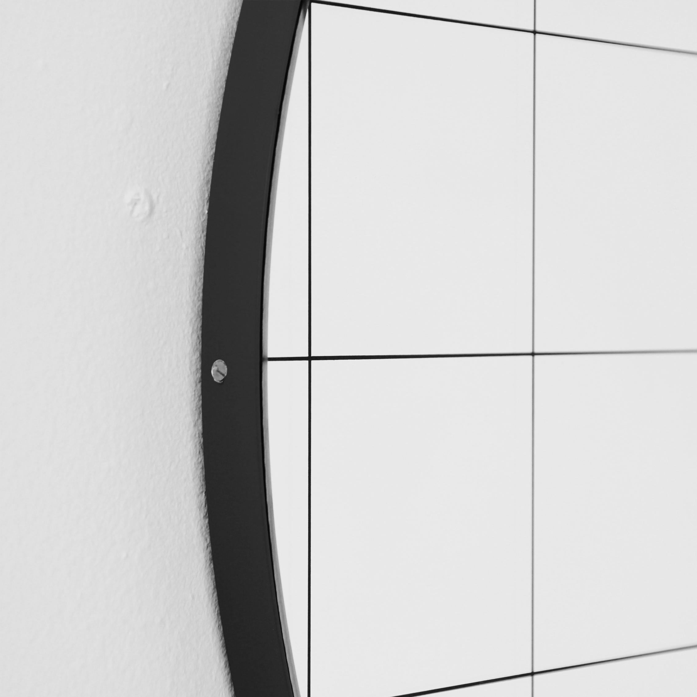 Etched Orbis Black Grid Sandblasted Round Modern Mirror with Black Frame, Medium