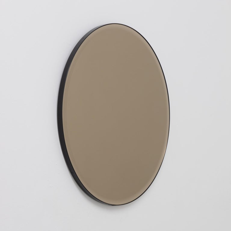 Orbis Bronze Tinted Round Beveled Mirror with a Black Frame Small For
