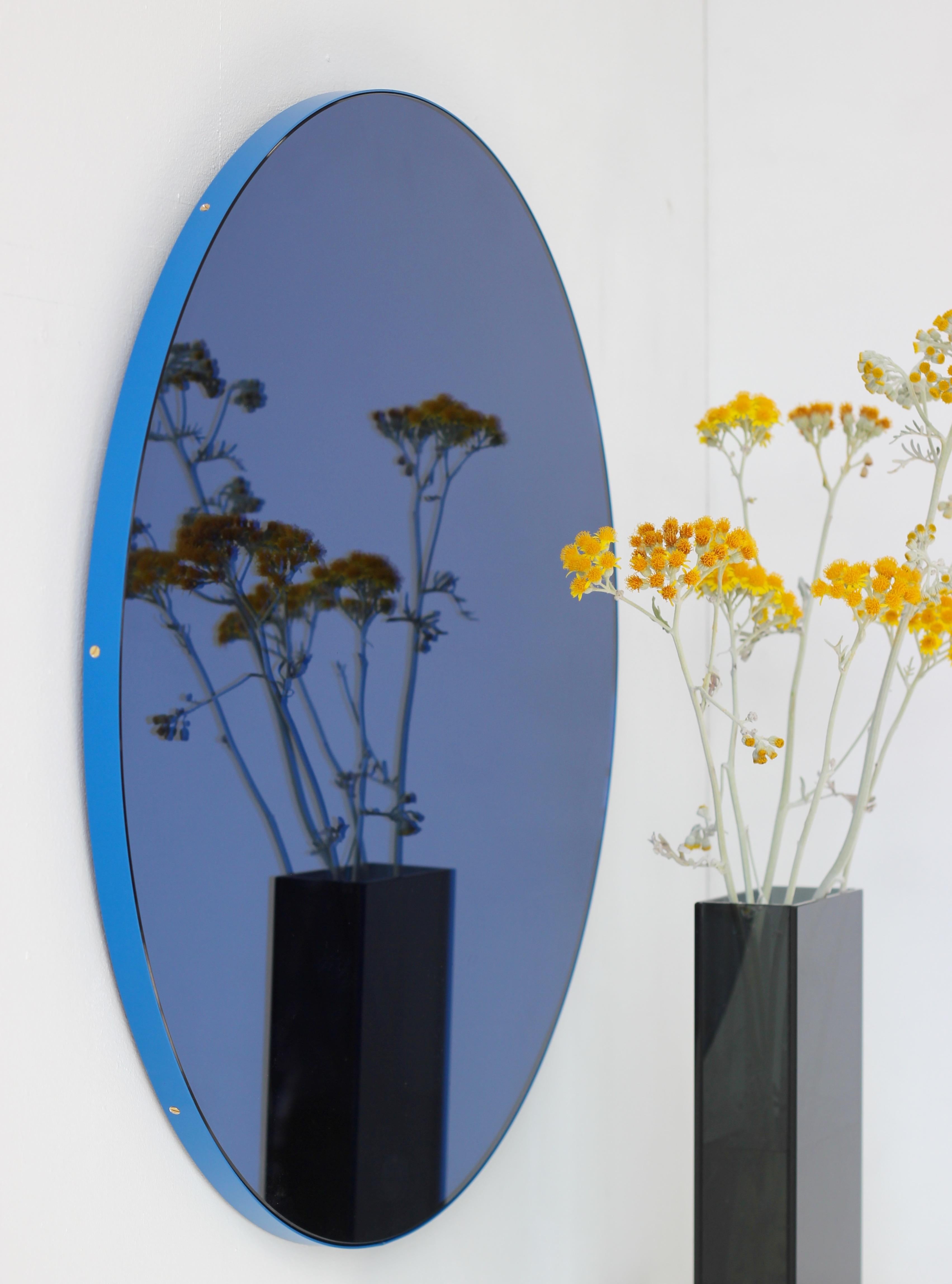 Organic Modern Orbis Blue Tinted Round Contemporary Mirror with a Blue Frame, Medium For Sale