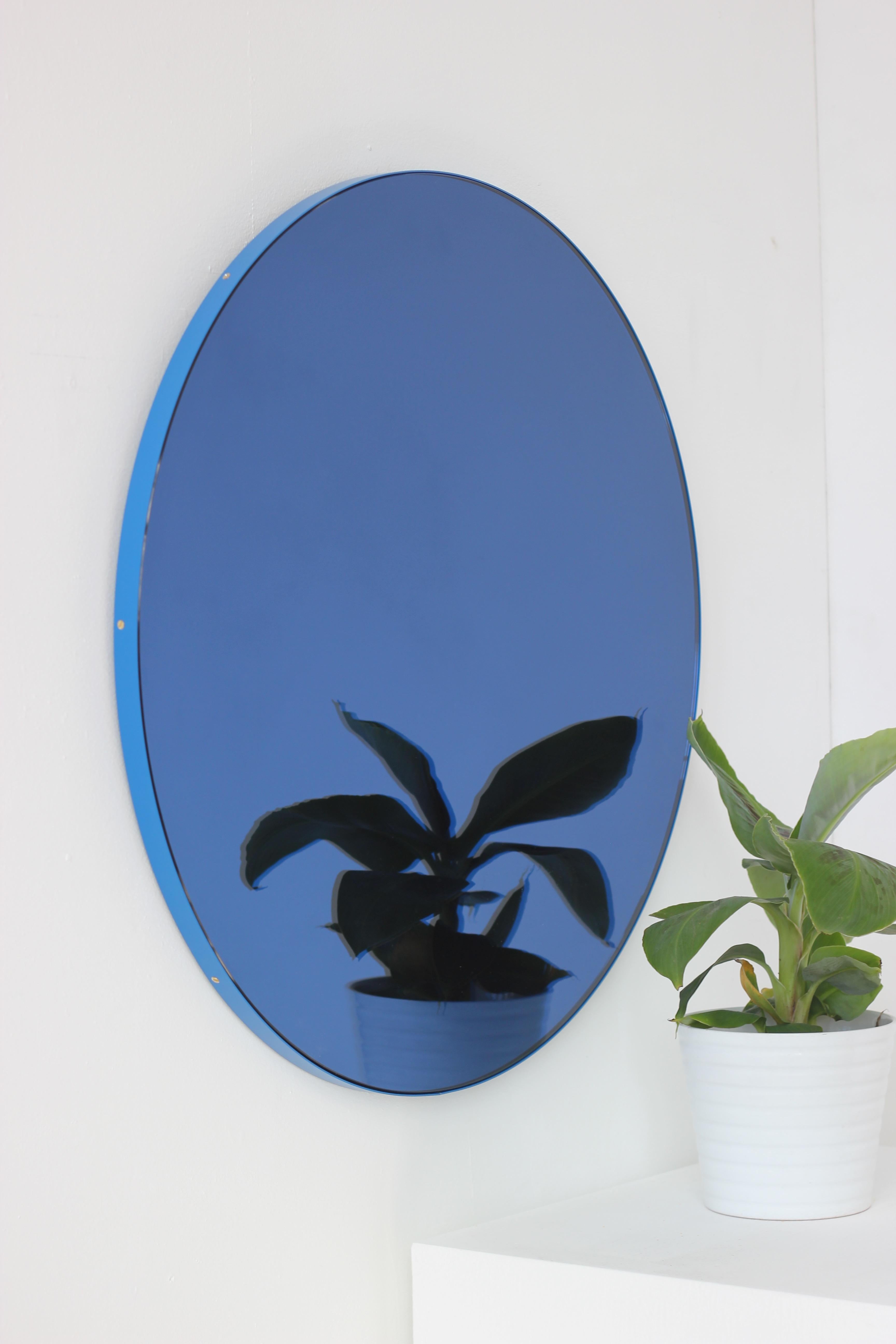 British Orbis Blue Tinted Round Contemporary Mirror with a Blue Frame, Medium For Sale