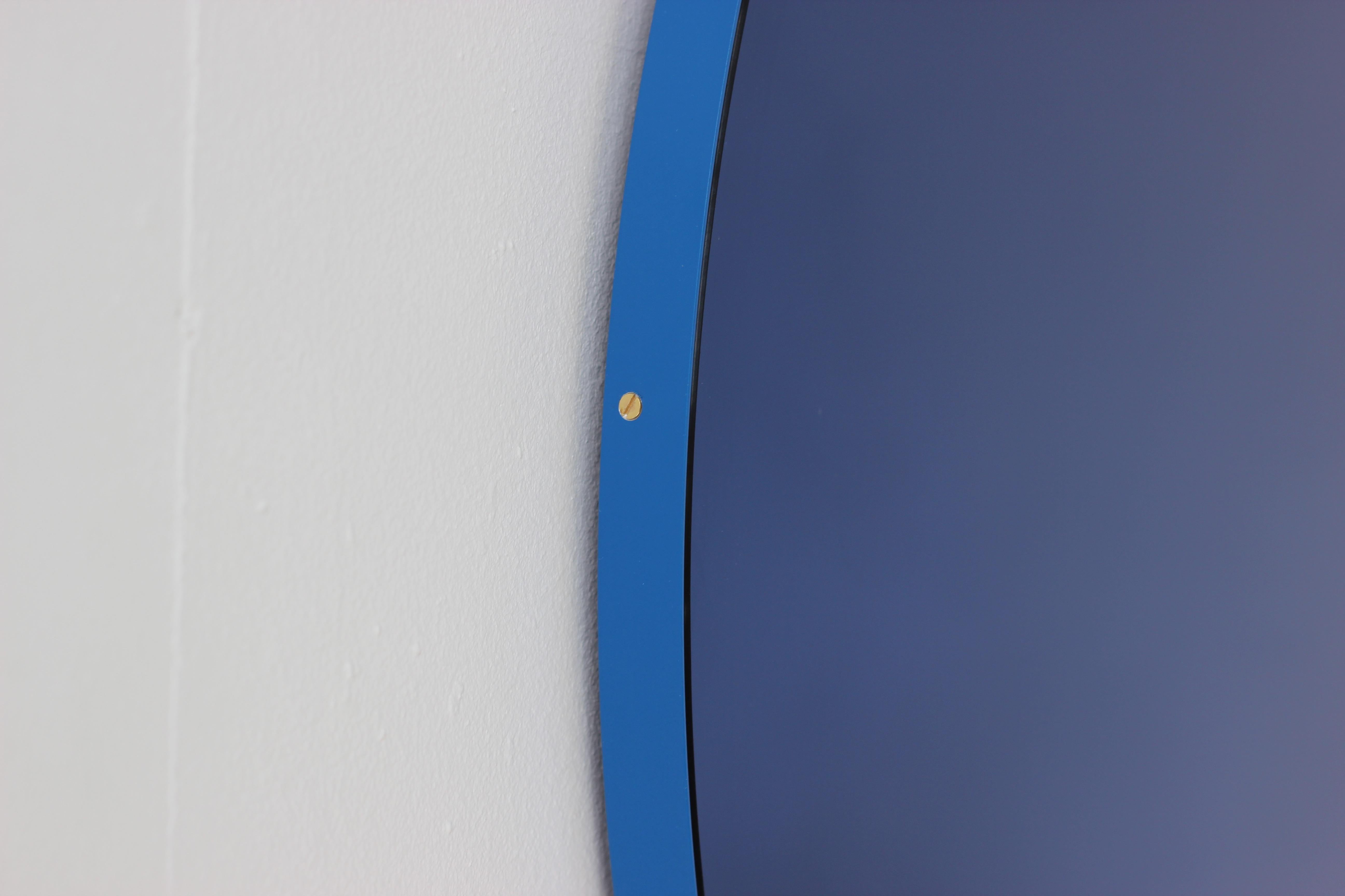 Powder-Coated Orbis Blue Tinted Round Contemporary Mirror with a Blue Frame, Medium For Sale