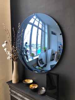 Orbis Convex Blue Tinted Round Frameless Mirror with Brass Clips, Large