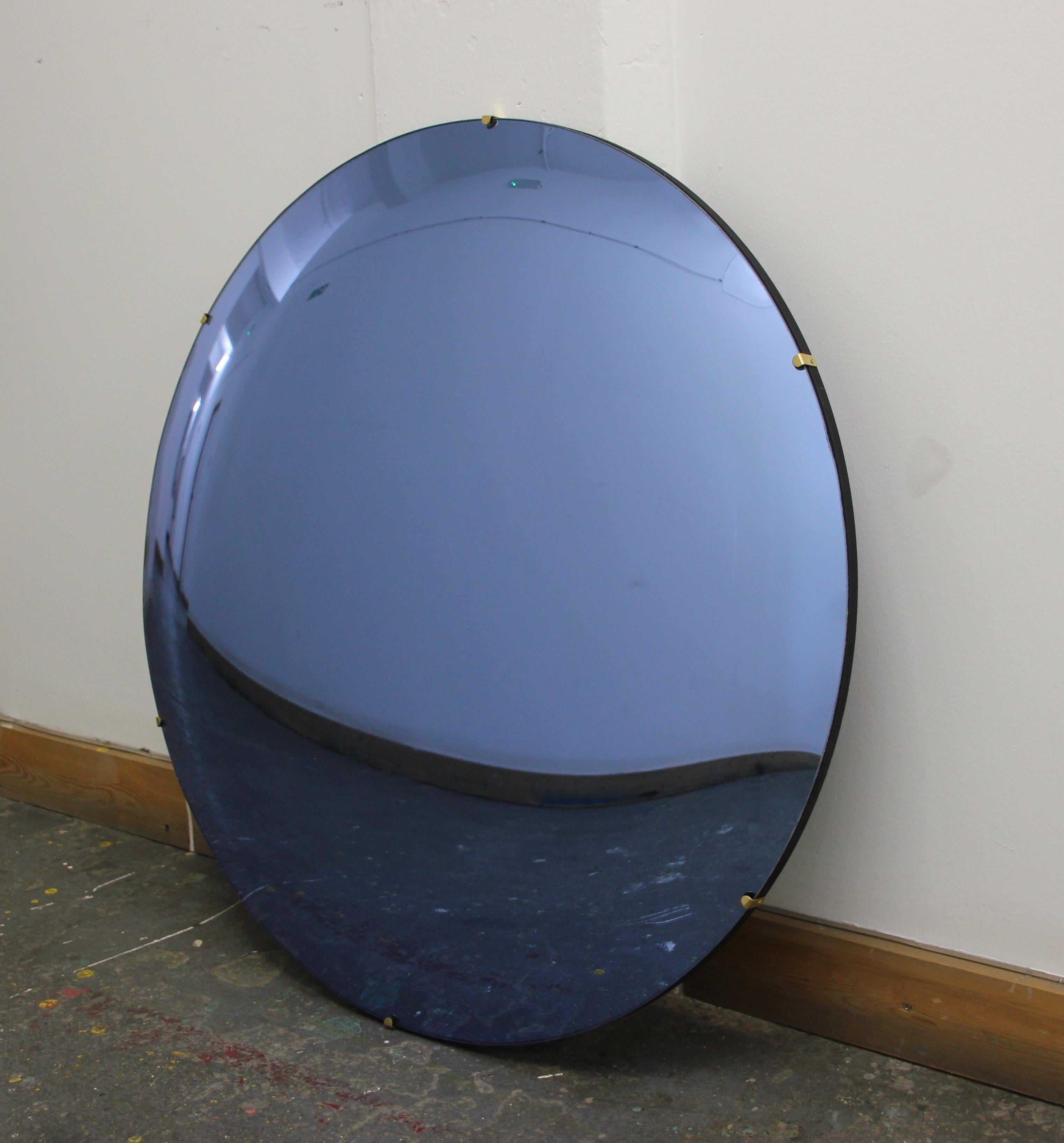 Organic Modern Orbis Convex Blue Tinted Round Frameless Mirror with Brass Clips, Large