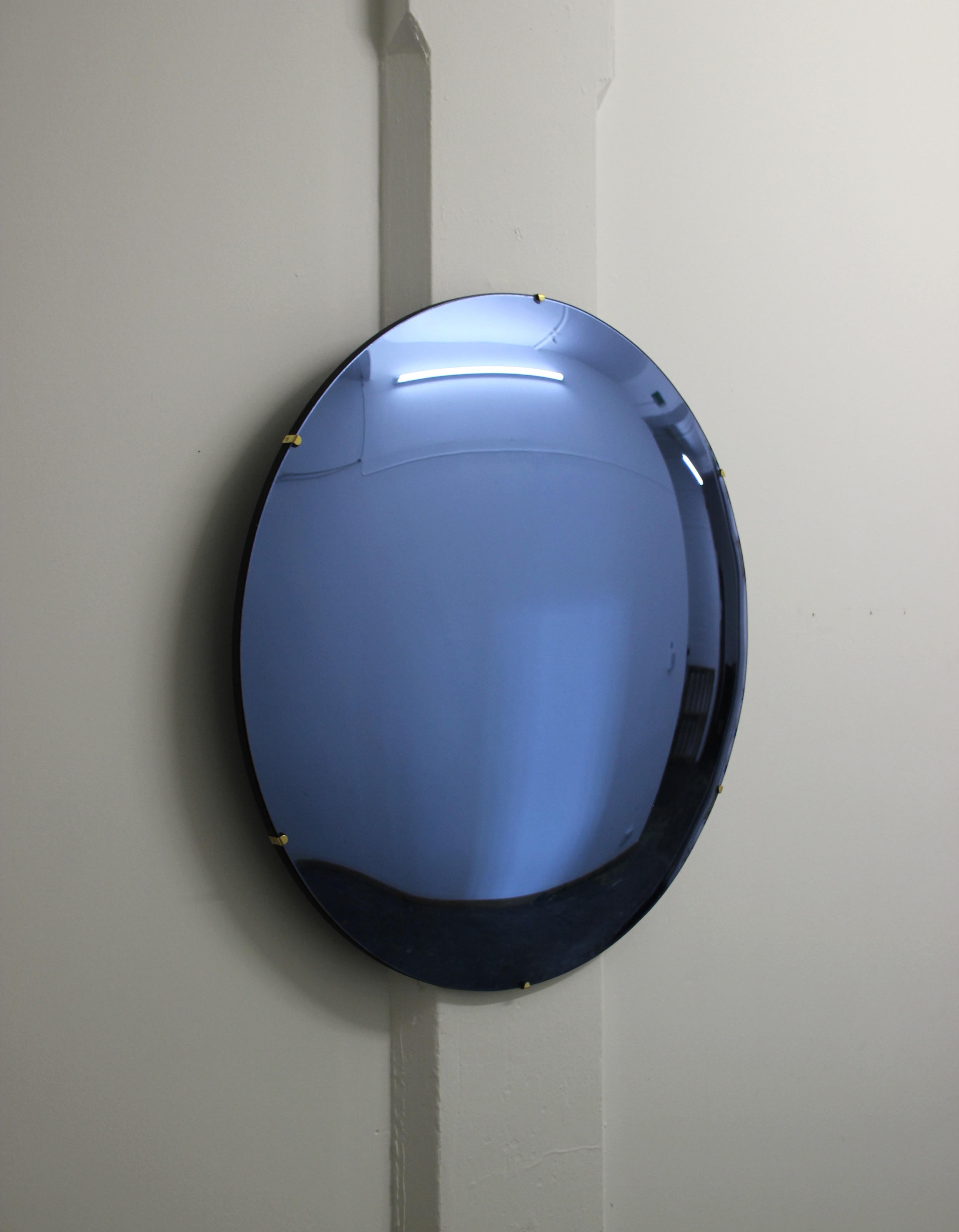 Indian Orbis Convex Blue Tinted Round Frameless Mirror with Brass Clips, Large