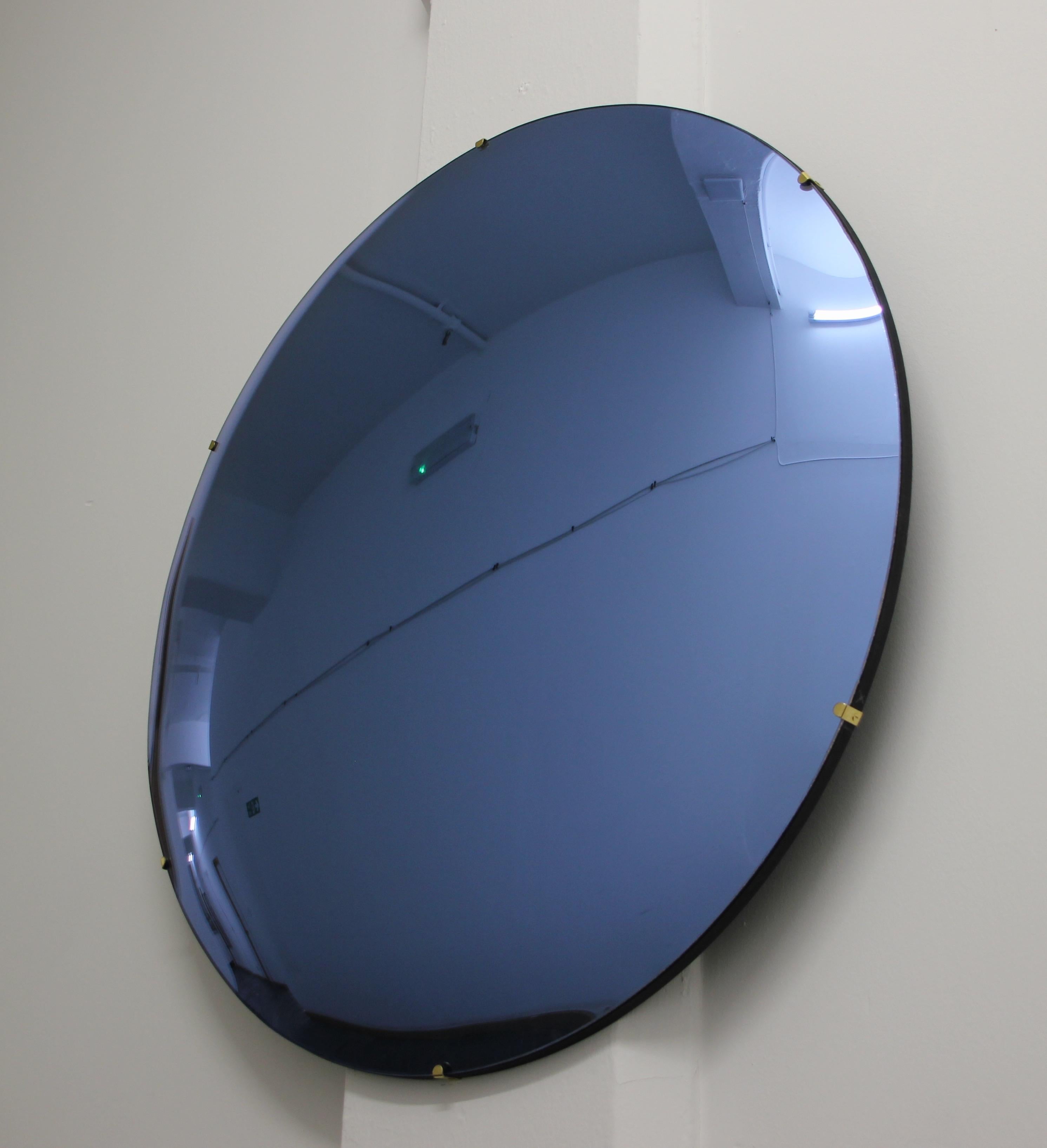 Orbis Convex Blue Tinted Round Frameless Mirror with Brass Clips, Large In New Condition In London, GB