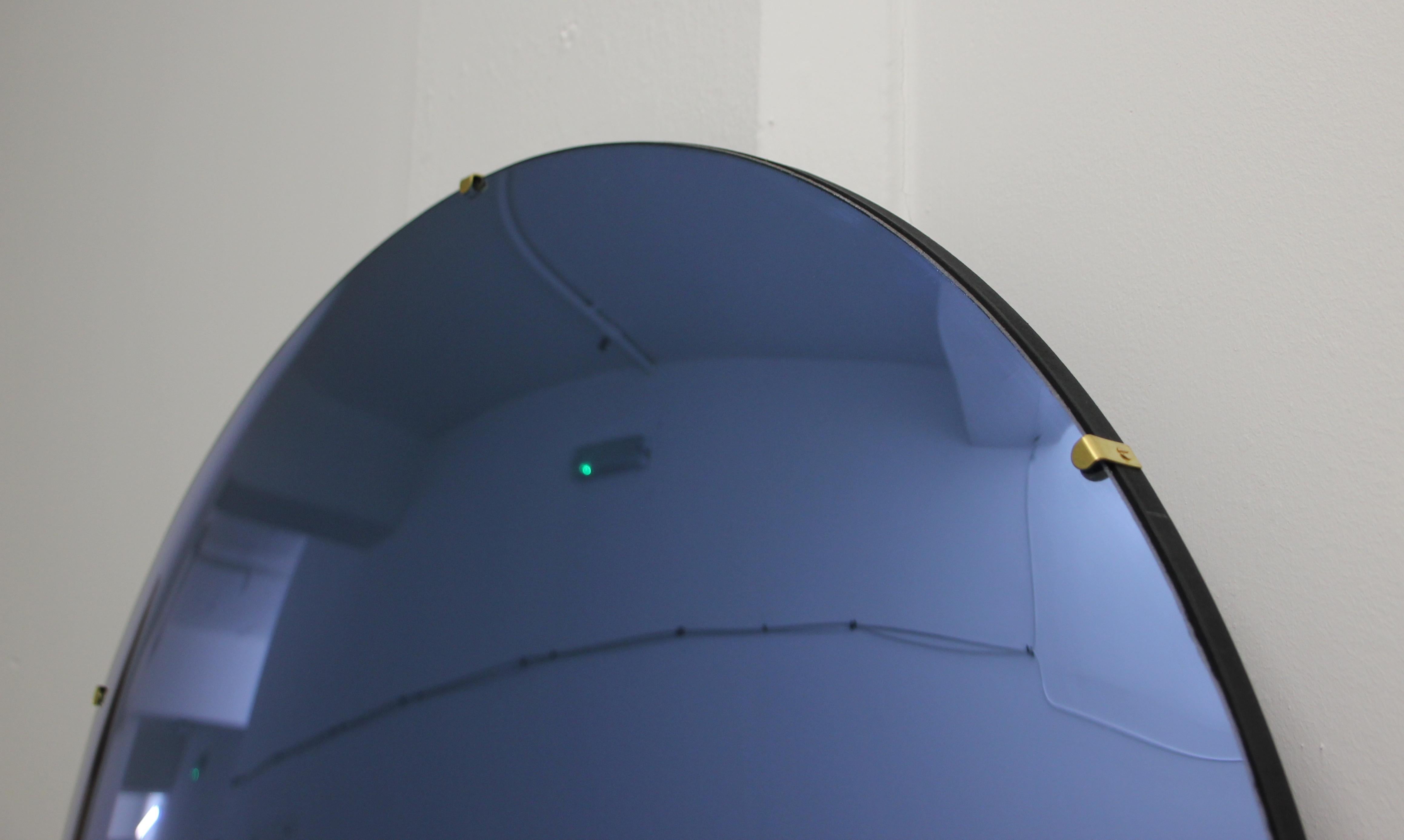 Contemporary Orbis Convex Blue Tinted Round Frameless Mirror with Brass Clips, Large