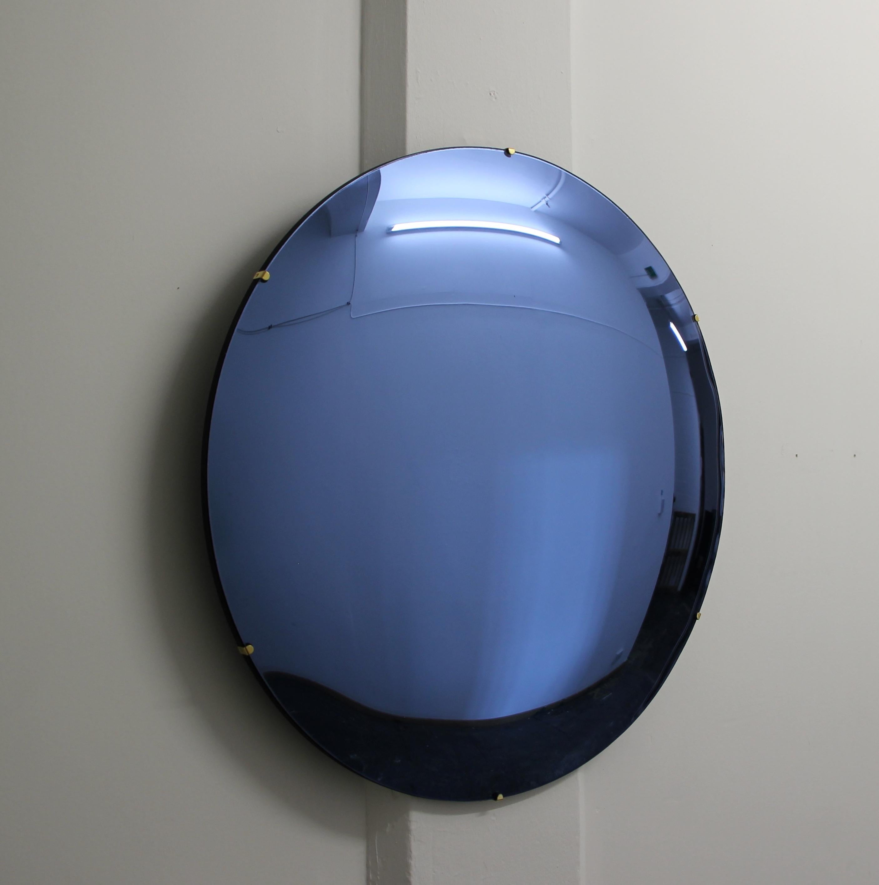Orbis Convex Blue Tinted Round Frameless Mirror with Brass Clips, Large 1