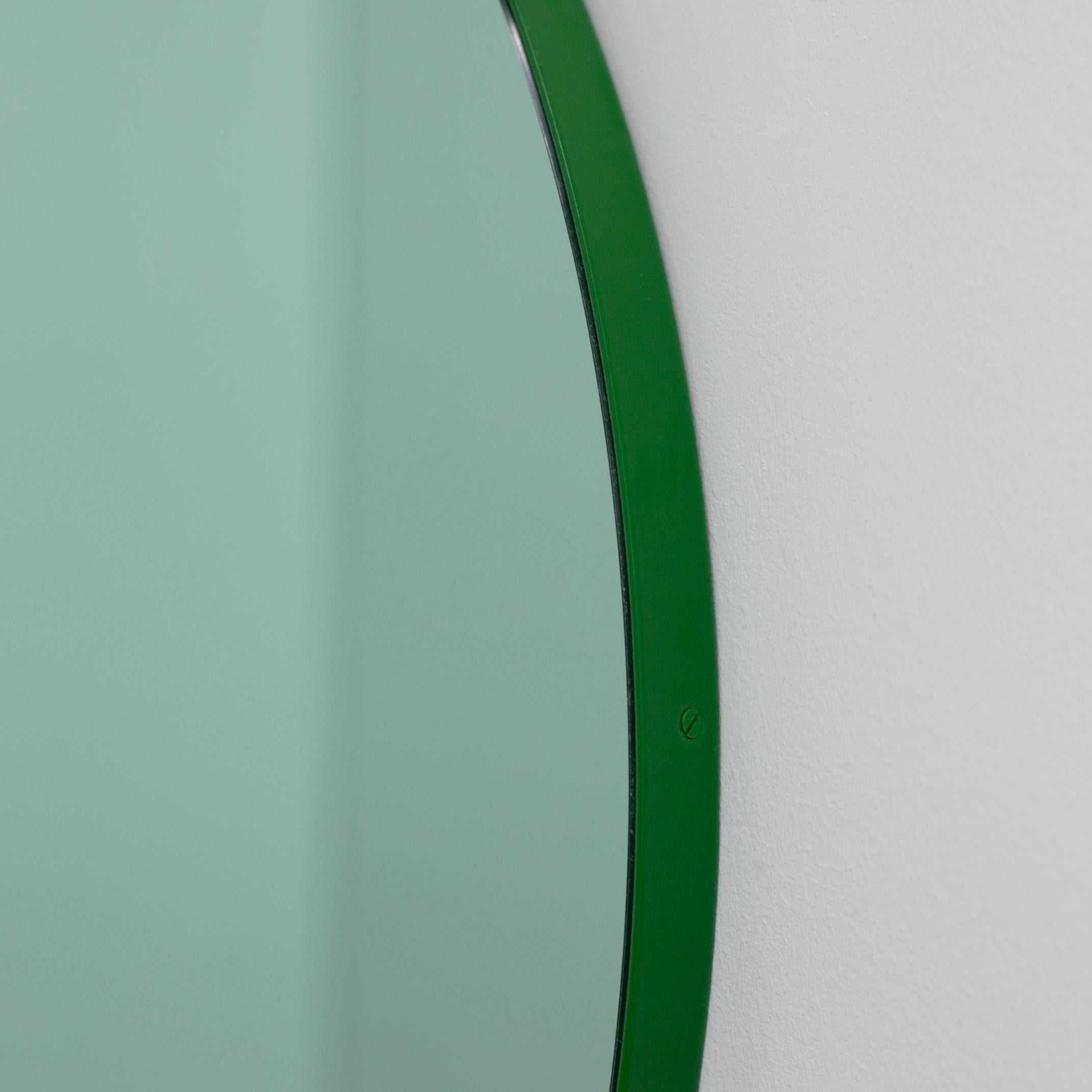 Modern Orbis Green Tinted Handcrafted Round Mirror with Green Frame, Regular
