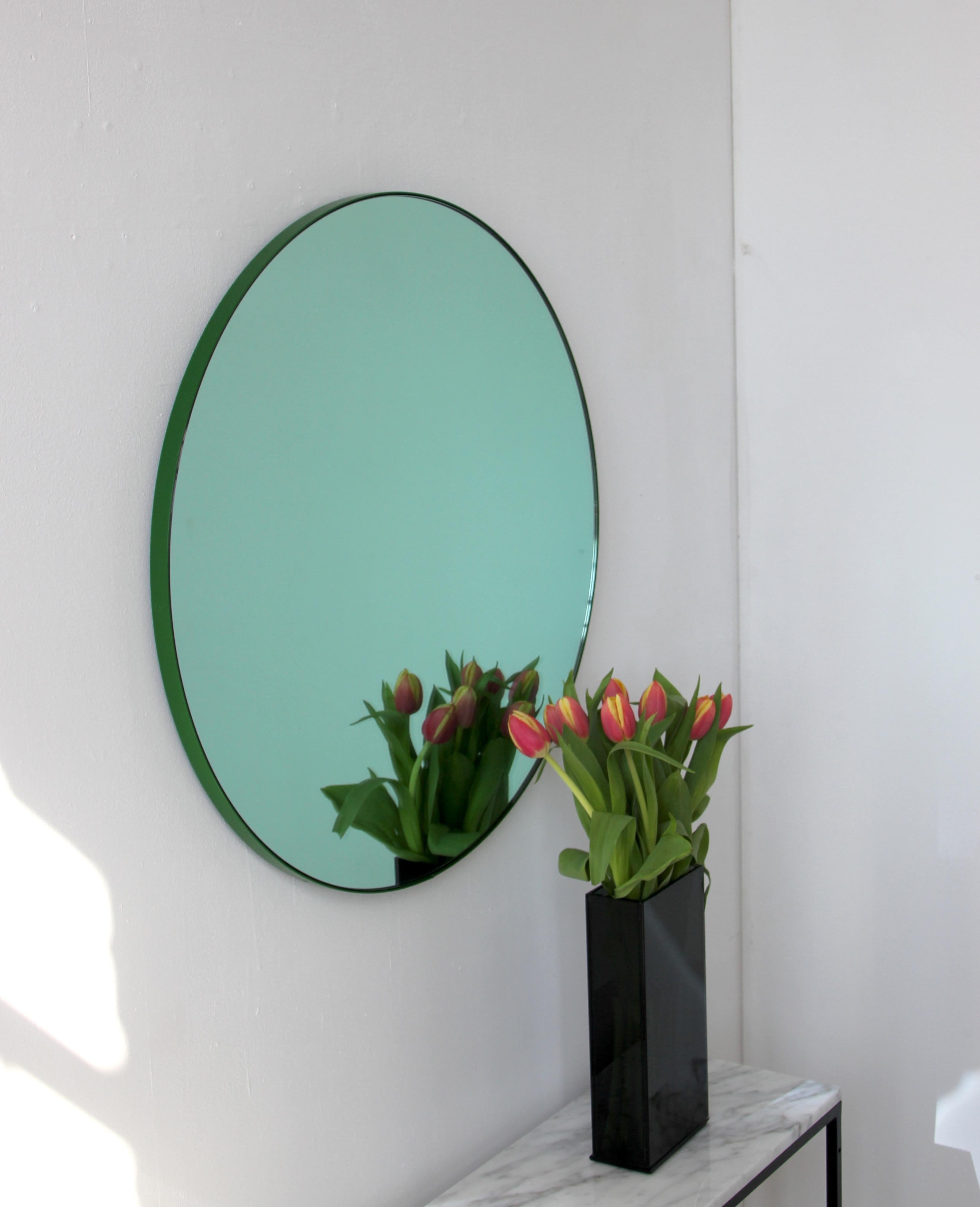 Contemporary Orbis Green Tinted Handcrafted Round Mirror with Green Frame, Regular