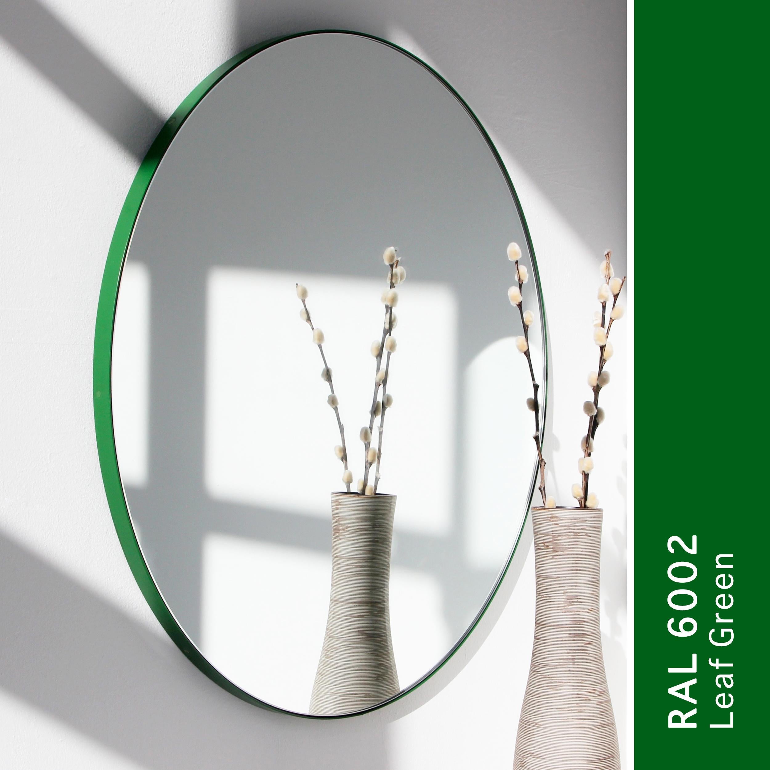 Powder-Coated Orbis Round Modern Mirror with Green Frame, Customisable, Medium For Sale