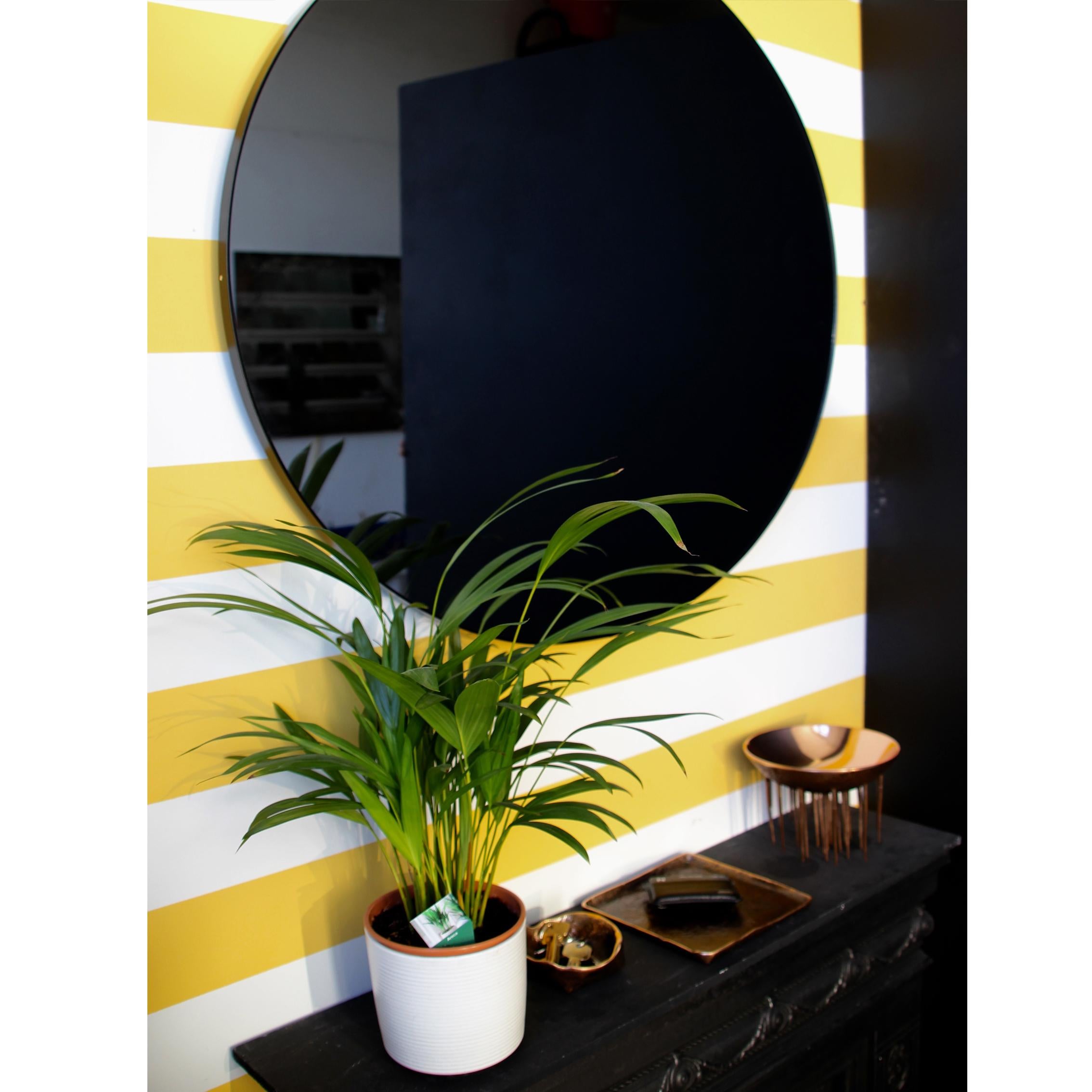 Powder-Coated Orbis Black Tinted Contemporary Round  Mirror with Black Frame, Large For Sale