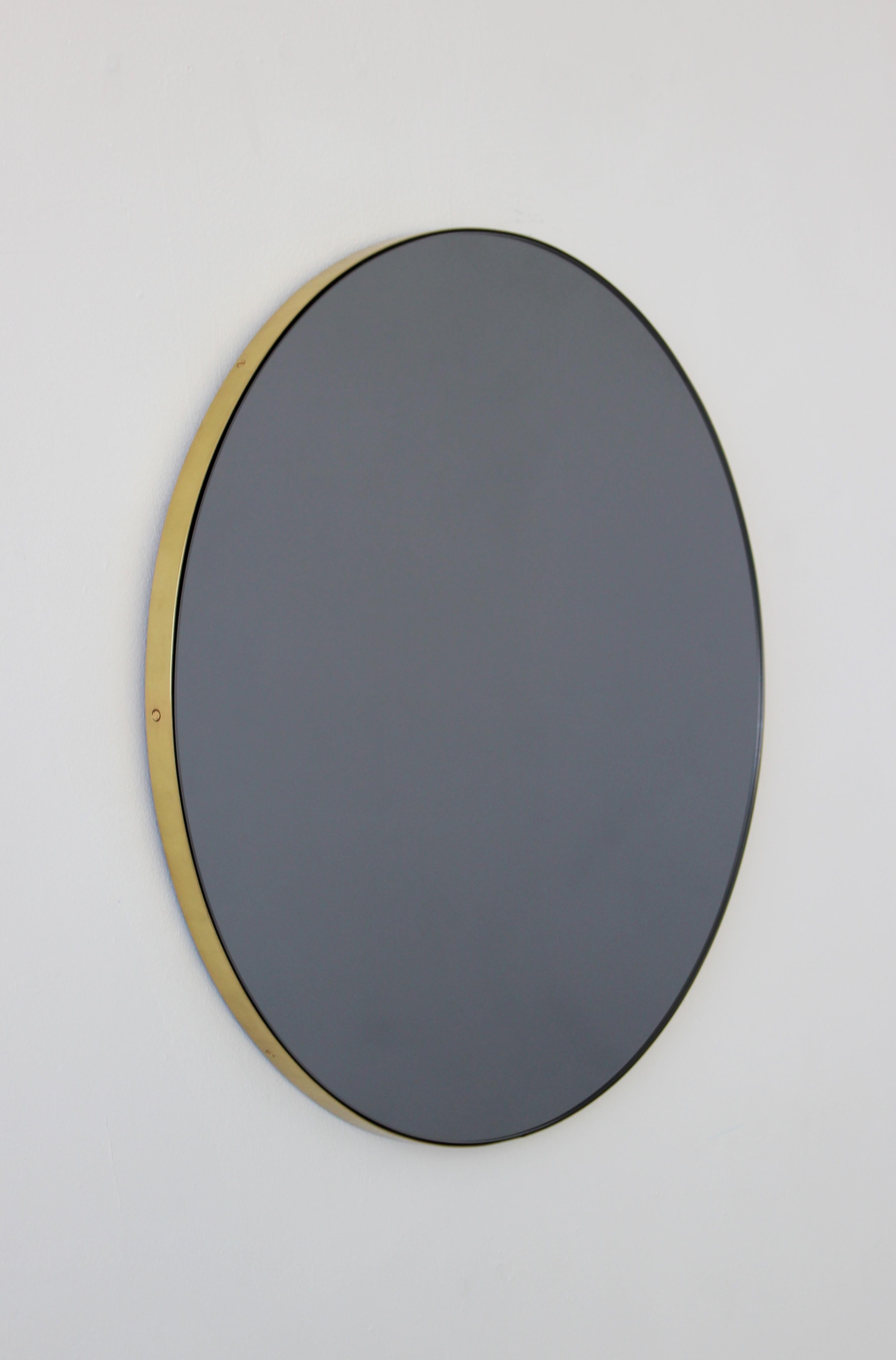 Orbis Black Tinted Round Modern Handcrafted Mirror with a Brass Frame, Regular For Sale 2