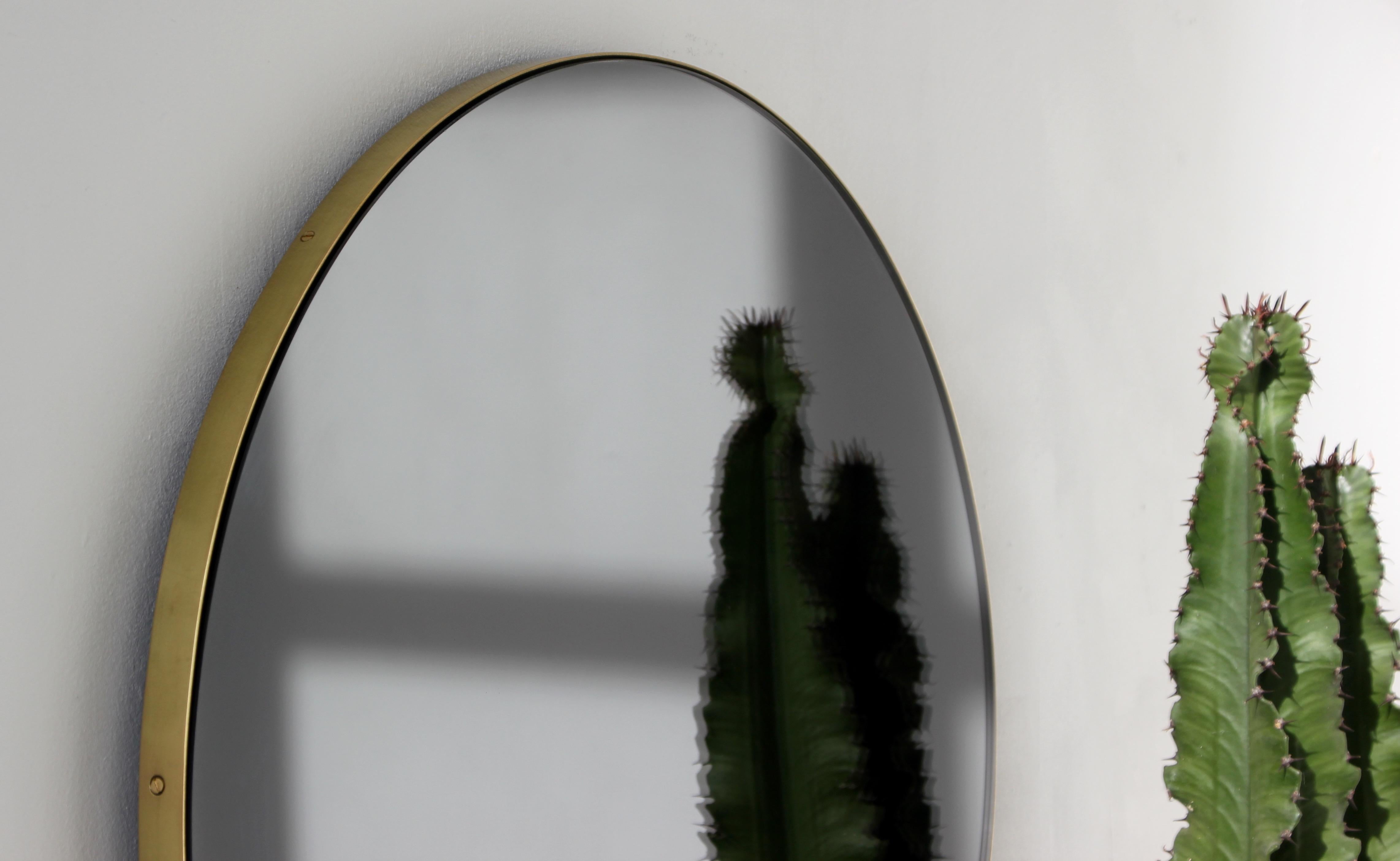 Orbis Black Tinted Round Modern Handcrafted Mirror with a Brass Frame, Regular For Sale 3