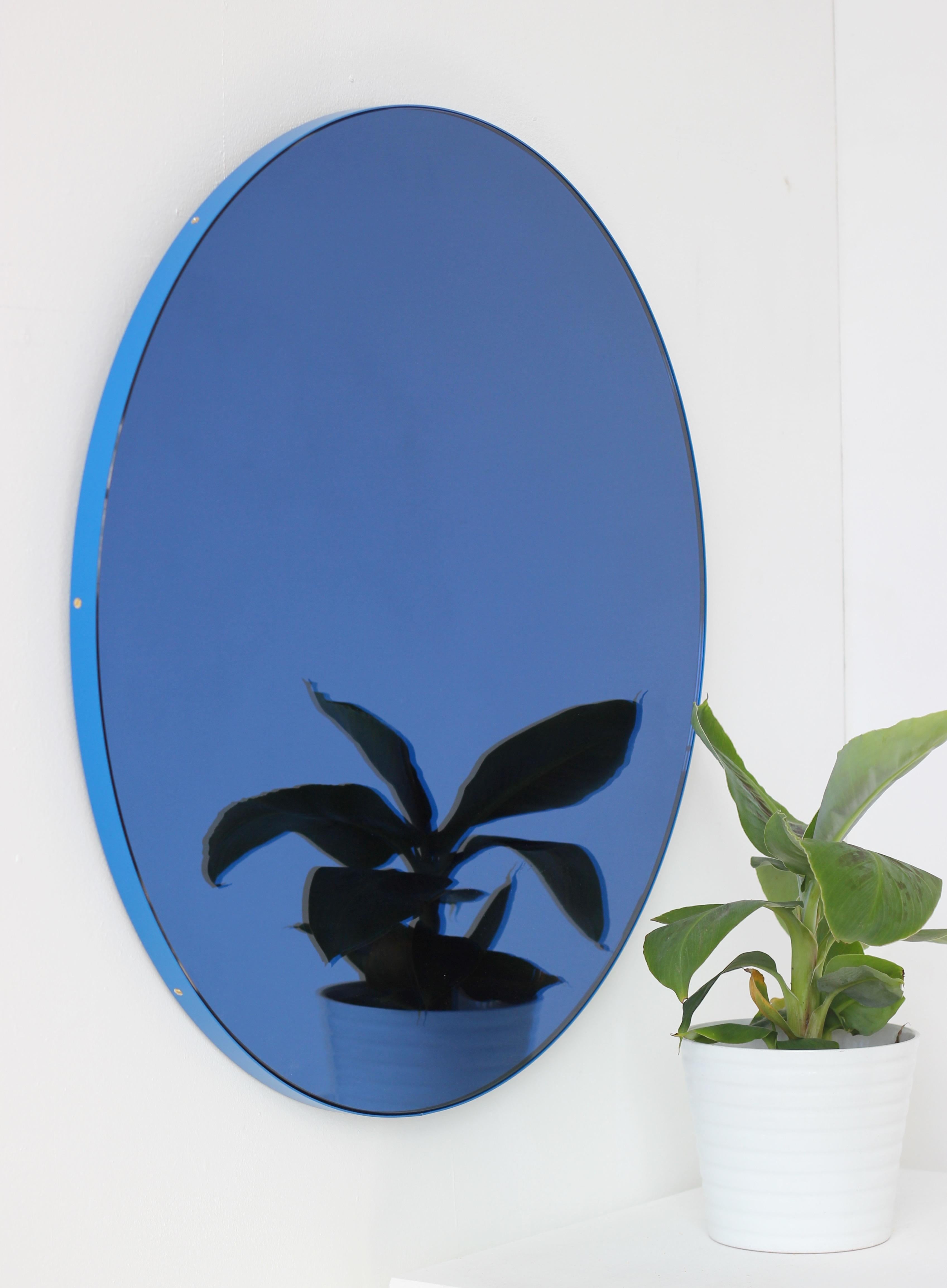 British Orbis Round Blue Tinted Contemporary Mirror with Blue Frame, Regular For Sale