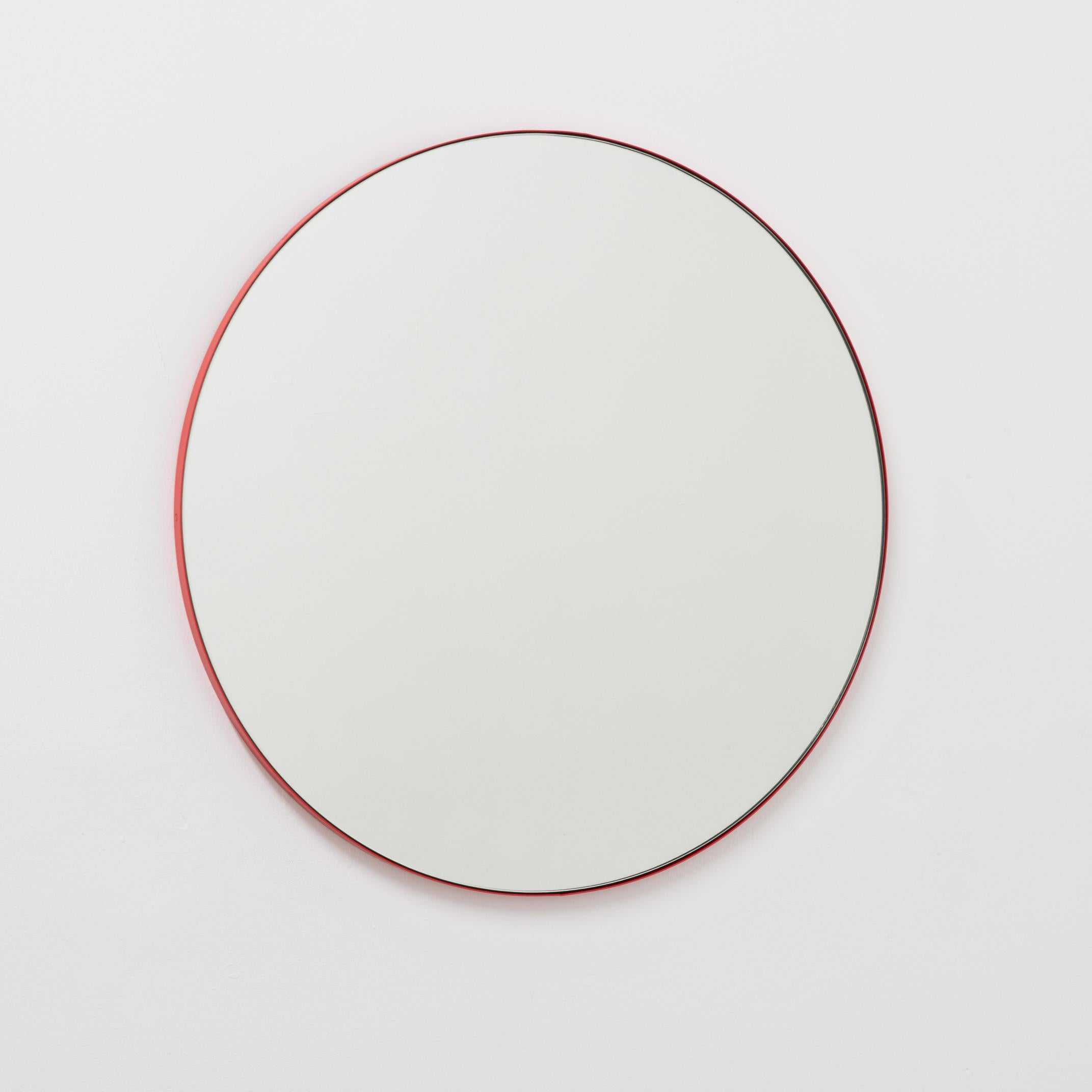 Aluminum Orbis Round Contemporary Handcrafted Mirror with Red Frame, Large For Sale