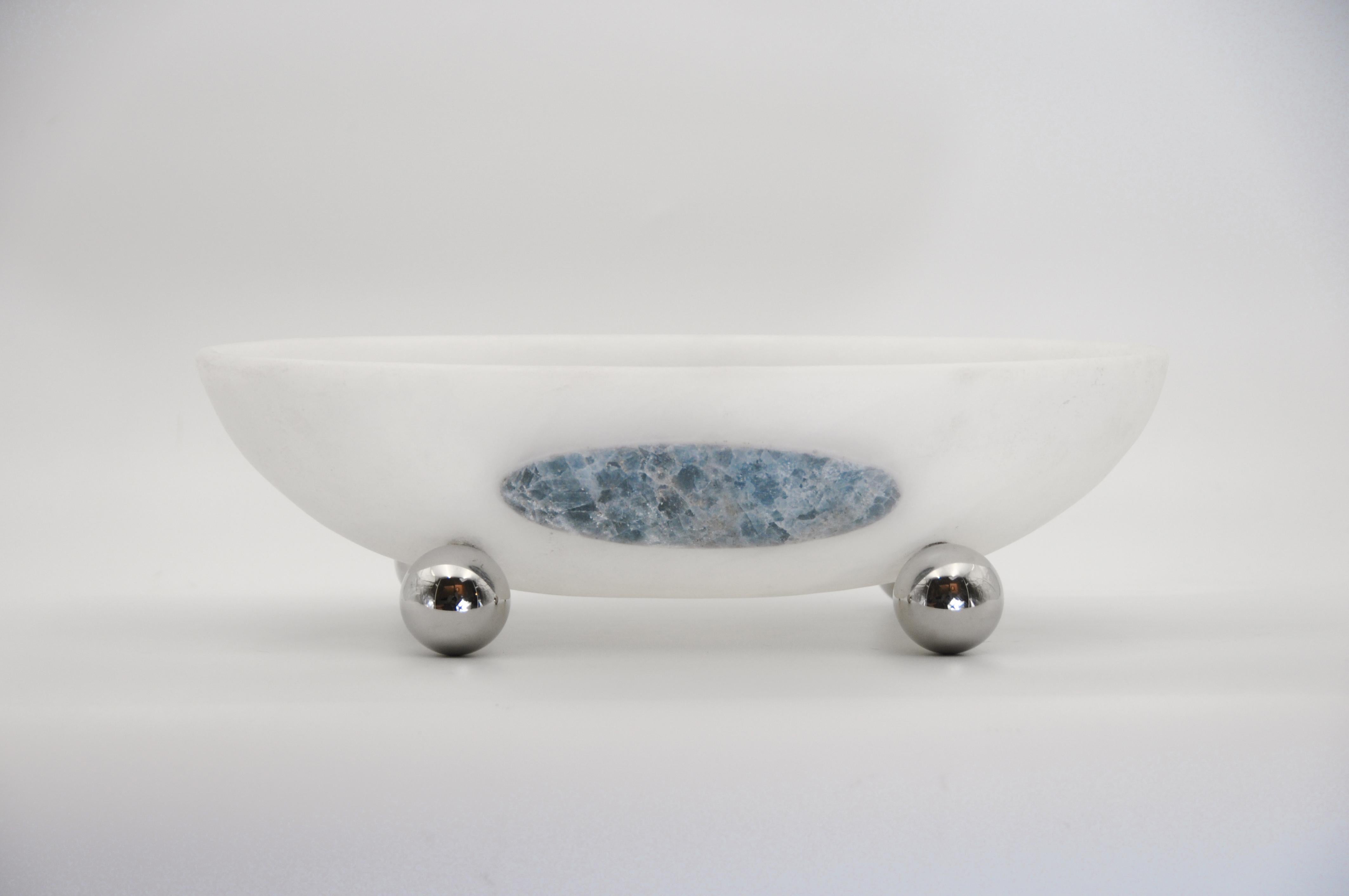Plated Orbit Bowl, Mexican White Onyx Stone, with Green Marble Inlay For Sale
