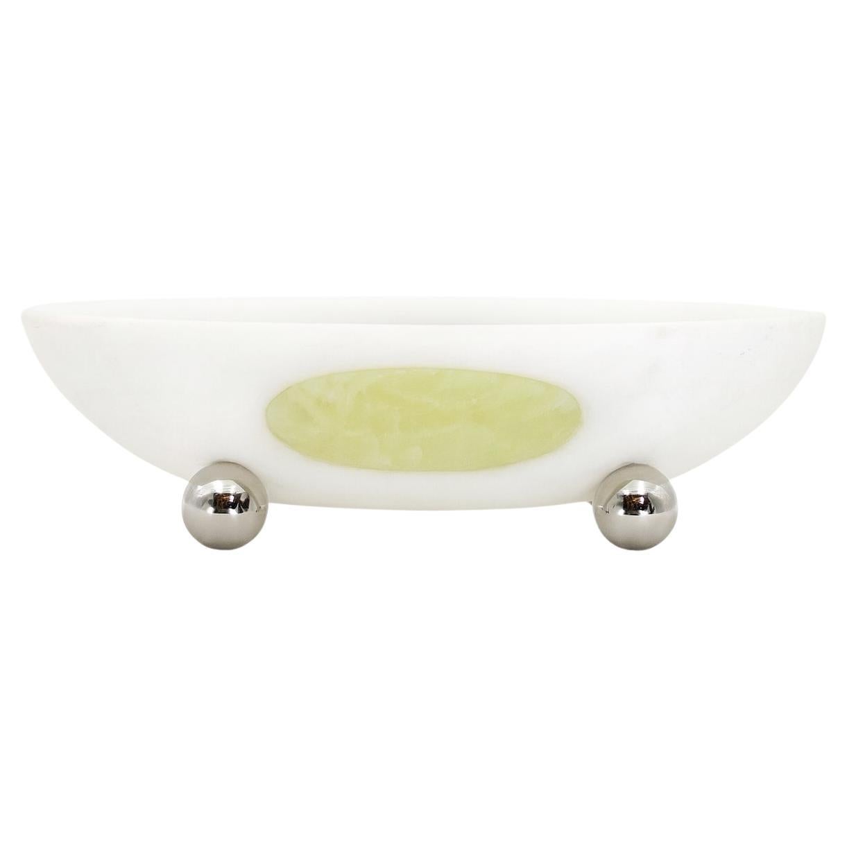 Orbit Bowl, Mexican White Onyx Stone, with Green Marble Inlay