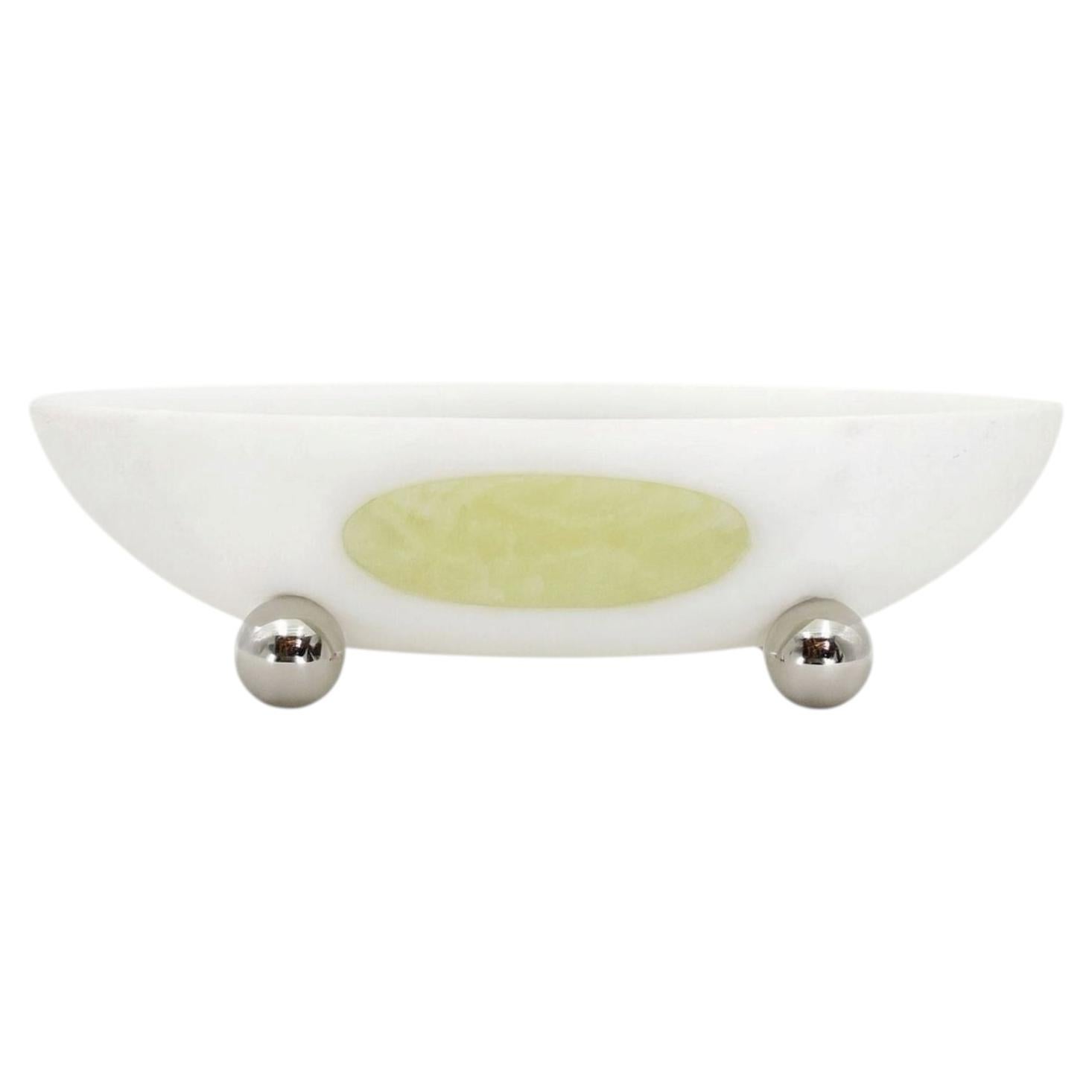 Orbit Bowl, Hand-Carved Mexican White Onyx with Green Marble Inlay For Sale