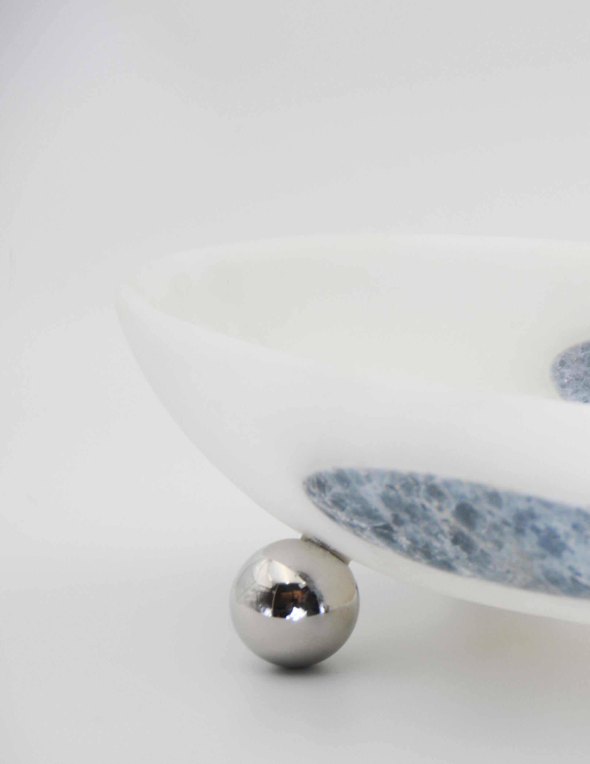 Orbit Bowl, Mexican White Onyx Stone, with Pink Marble Inlay For Sale 4