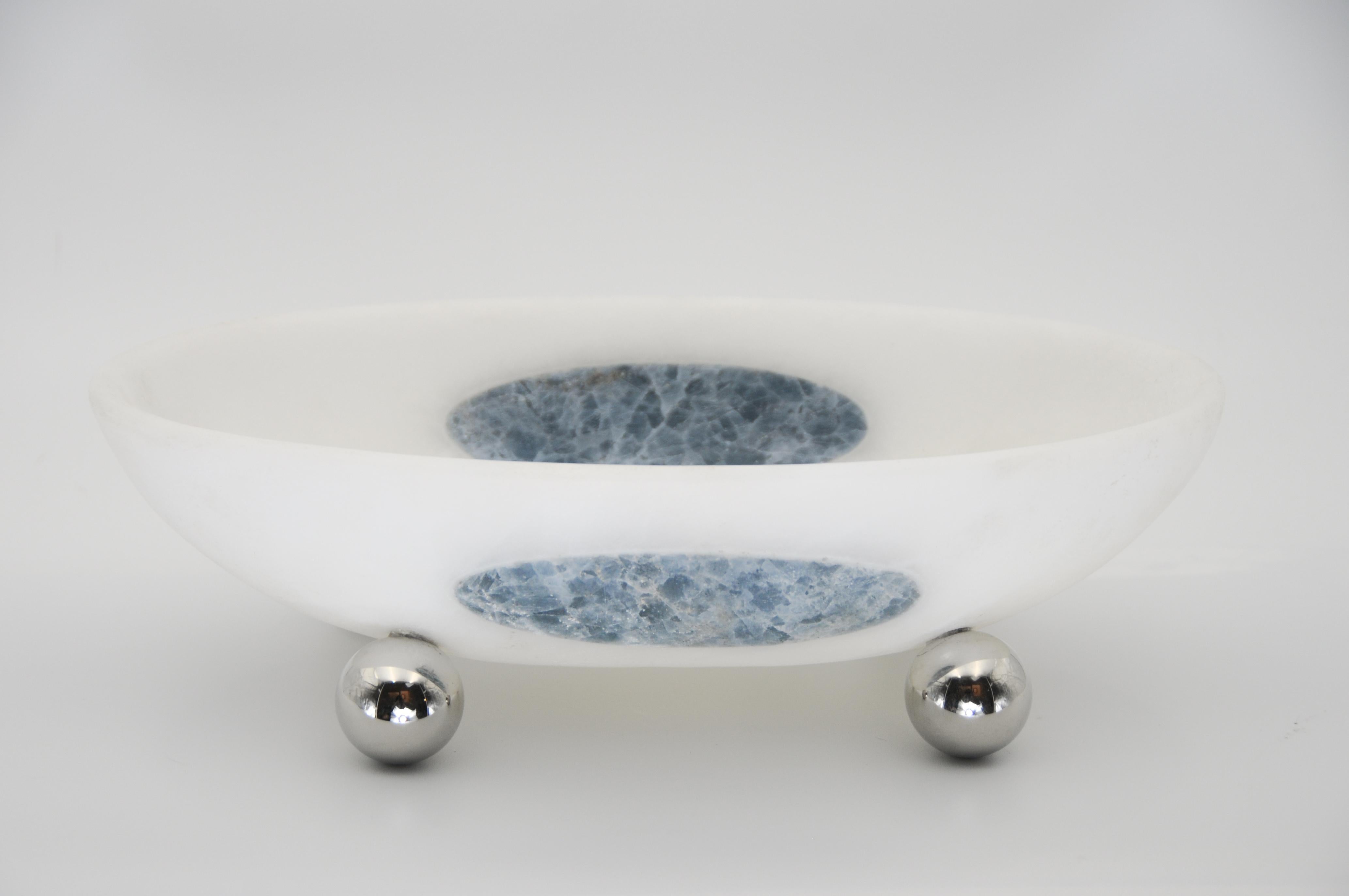 Orbit Bowl, Mexican White Onyx Stone, with Pink Marble Inlay For Sale 1